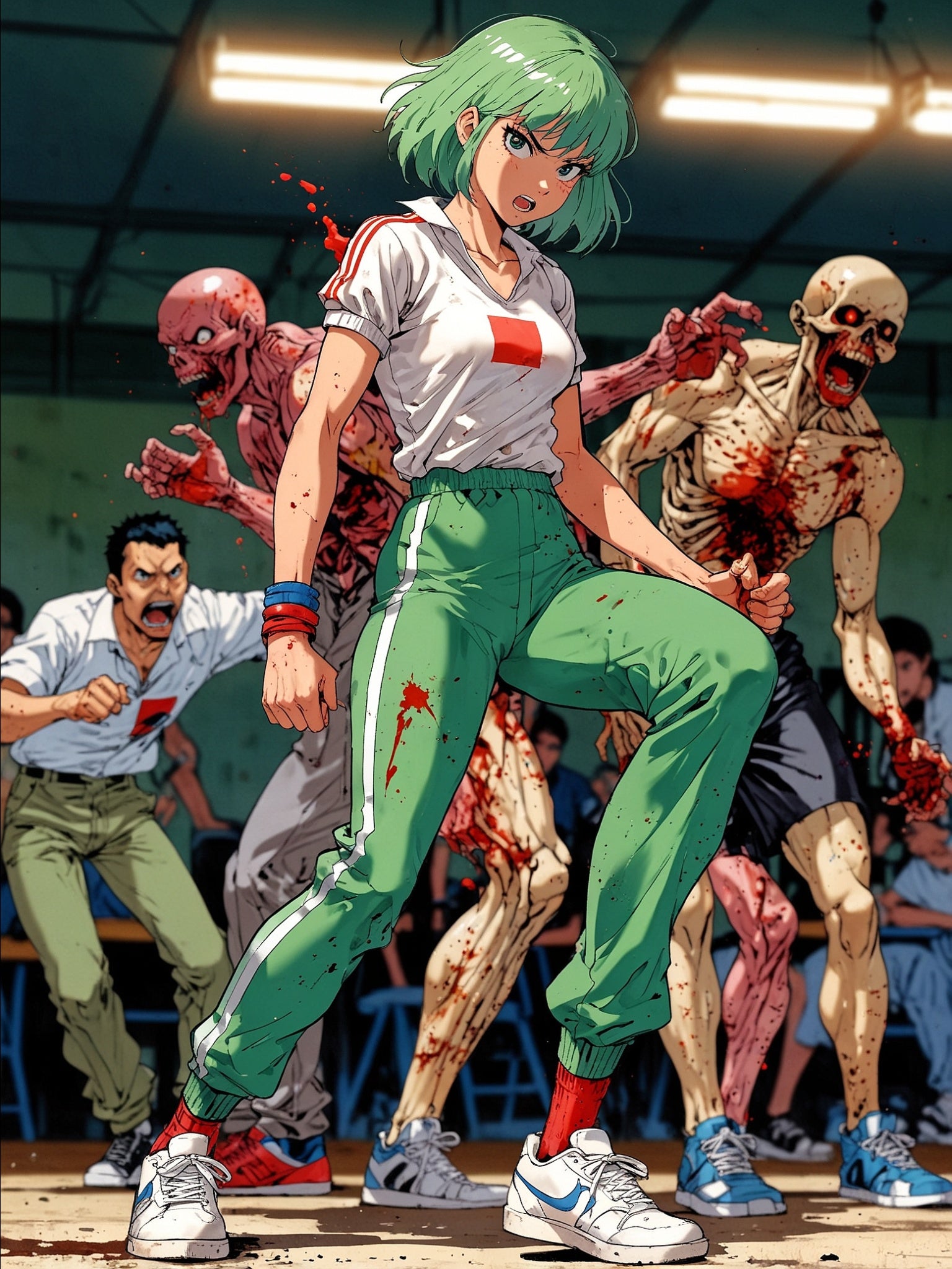 Zombie Gym Outbreak Anime Poster – Green-Haired Survivor Horror Wall Art, Apocalypse Action Print, Zomba Squad Decor