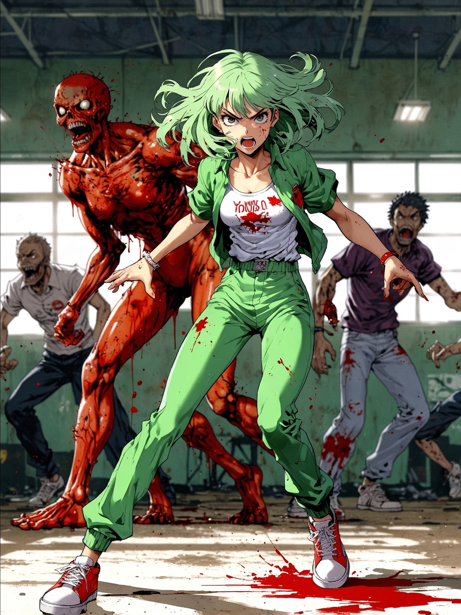Zombie Gym Nightmare Anime Poster – Green-Haired Survivor Horror Wall Art, Apocalypse Action Print, Zomba Squad Decor