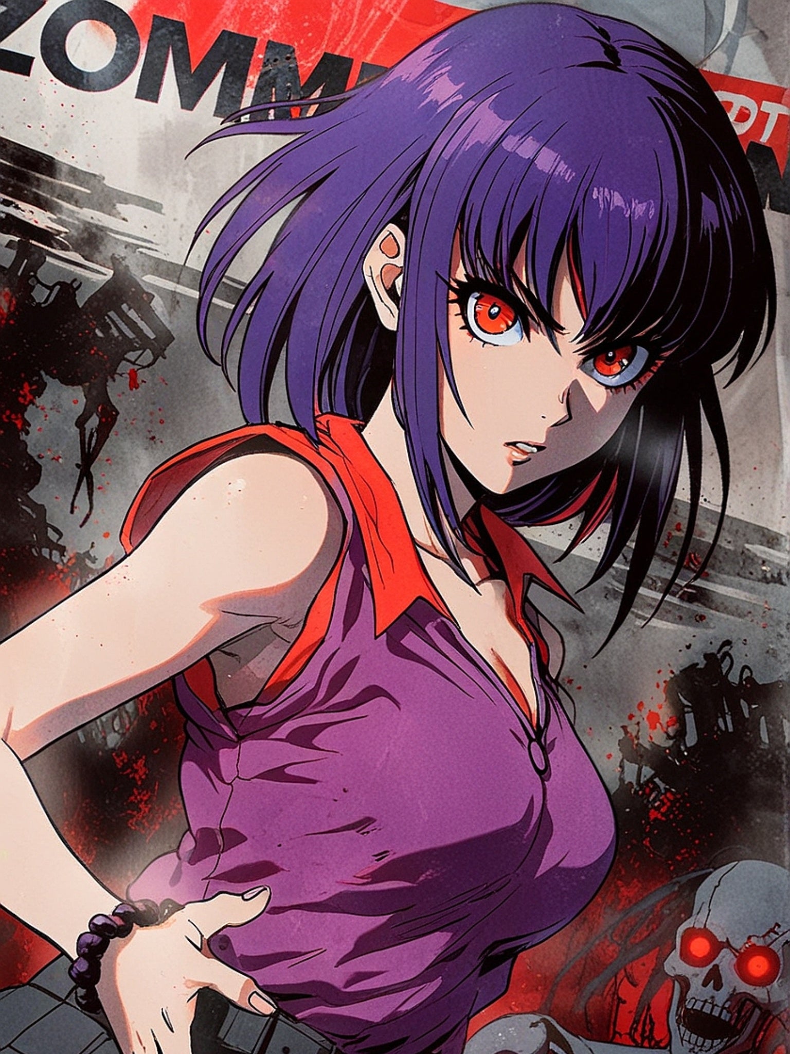 Purple-Haired Zombie Hunter Anime Poster – Horror Pin-Up Wall Art, Retro Apocalypse Action Print, Zomba Squad Decor