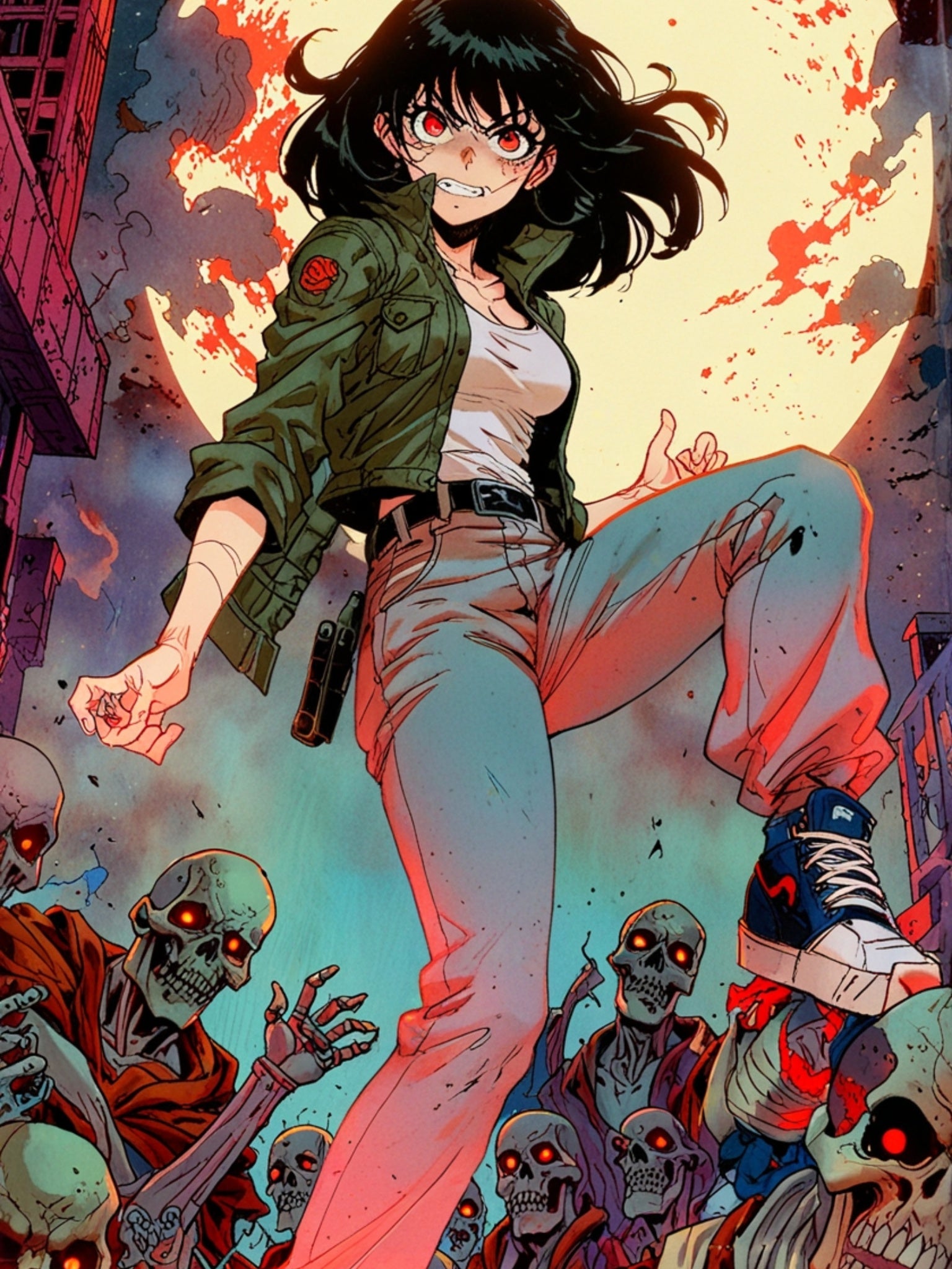 Converse Zombie Stomper Anime Poster – Horror Apocalypse Wall Art, Retro Moonlit Zombie Slayer Print, Zomba Squad Decor