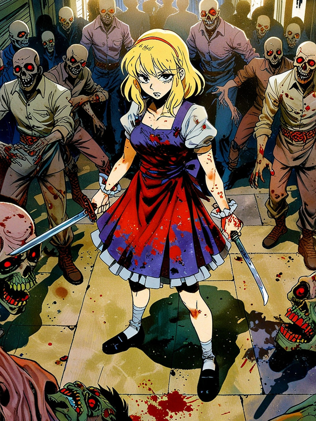 Blonde Zombie Slayer Anime Poster – Retro Horror Apocalypse Wall Art, Cult Survival Anime Print, Zomba Squad Decor