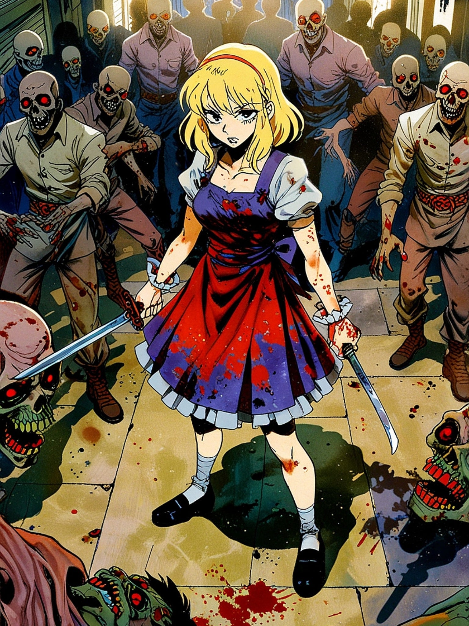 Blonde Zombie Slayer Anime Poster – Retro Horror Apocalypse Wall Art, Cult Survival Anime Print, Zomba Squad Decor