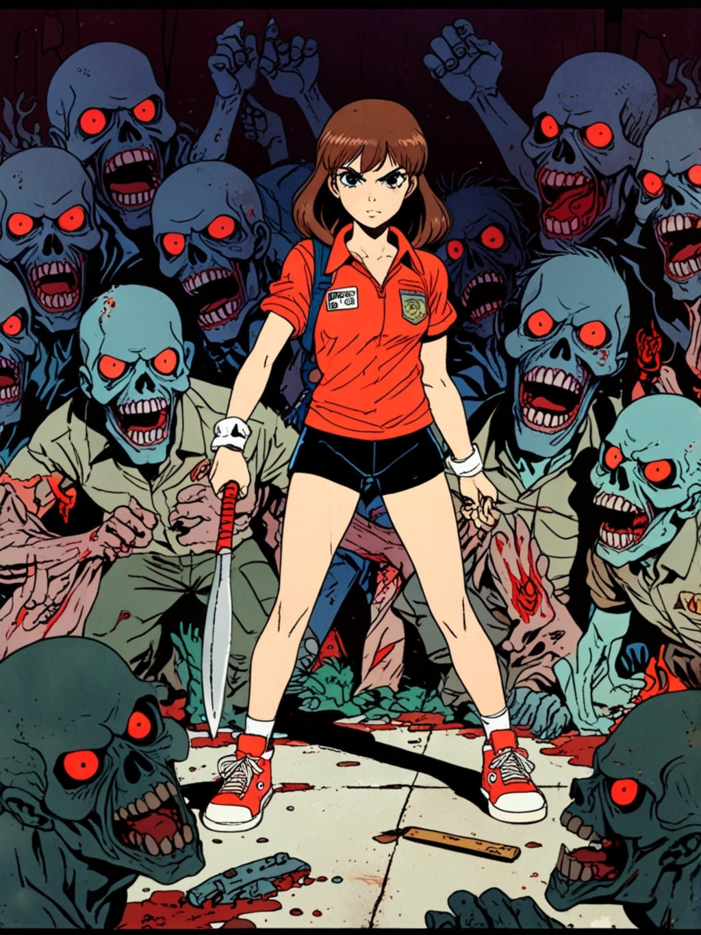 Rika Minazuki ZOMBA SQUAD Poster - Zombie Apocalypse Anime Wall Art, Horror Manga Survivor Girl Print, Retro Grindhouse Comic Style Gamer Room Decor