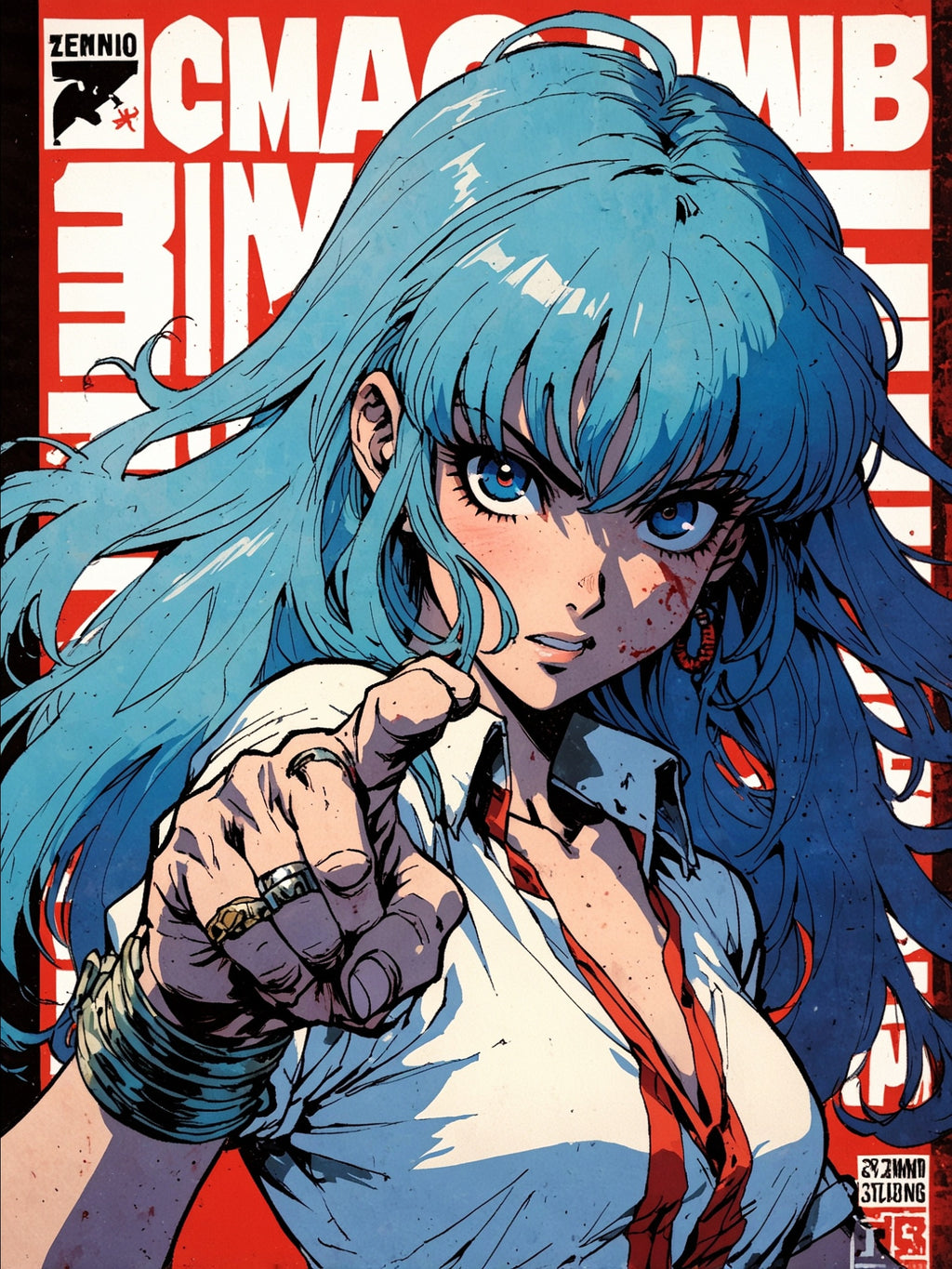 Retro Anime Grindhouse Poster, Blue Haired Survivor Girl Wall Art, Pulp Horror Manga Print, Zombie Apocalypse Anime Decor, Gamer Room Poster