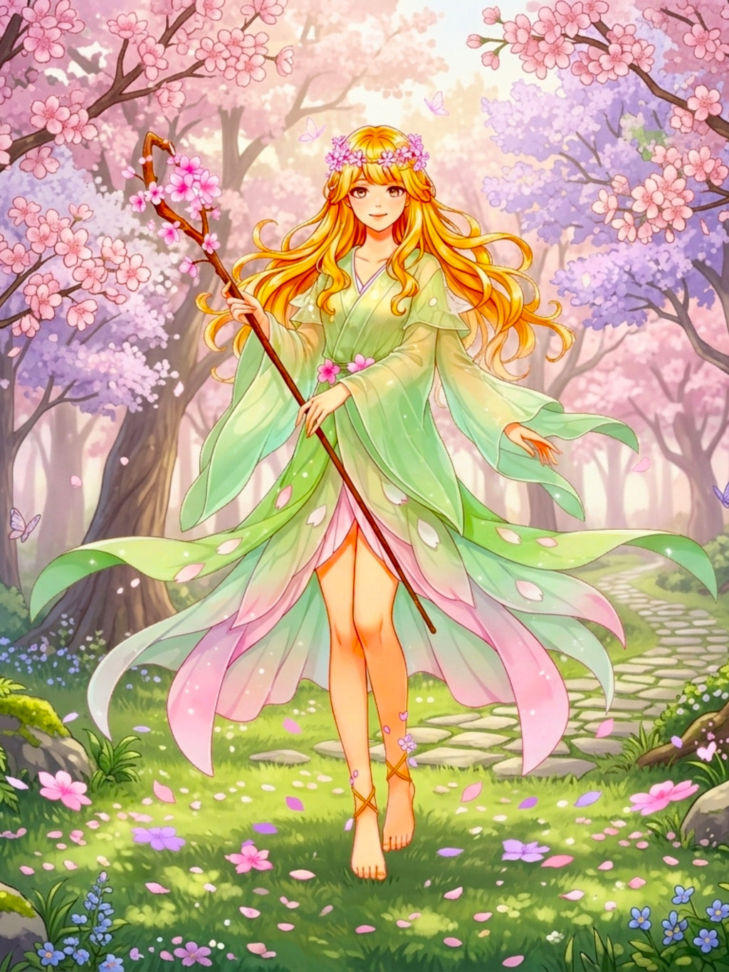 Liora Blossomwyn Poster – Blossom Grove Warden Anime Wall Art, Fantasy Forest Spirit, Spring Guardian Illustration, Epic Anime Lore Character Print