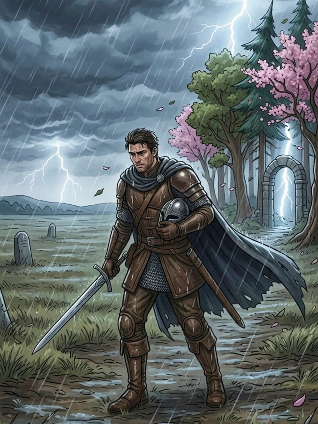 The Soldier Poster – Blossom Grove Story Anime Wall Art, Epic Fantasy Warrior Print, Storm Knight Illustration, Epic Anime Lore Character Poster