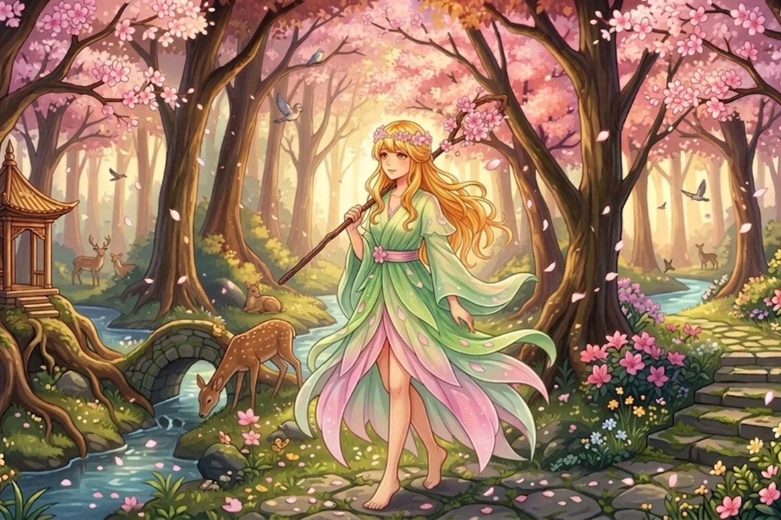 Cherry Blossom Forest Anime Poster – Spring Fantasy Girl Art Print, Sakura Woodland Scene, Nature Anime Wall Decor, Pastel Fairy Aesthetic