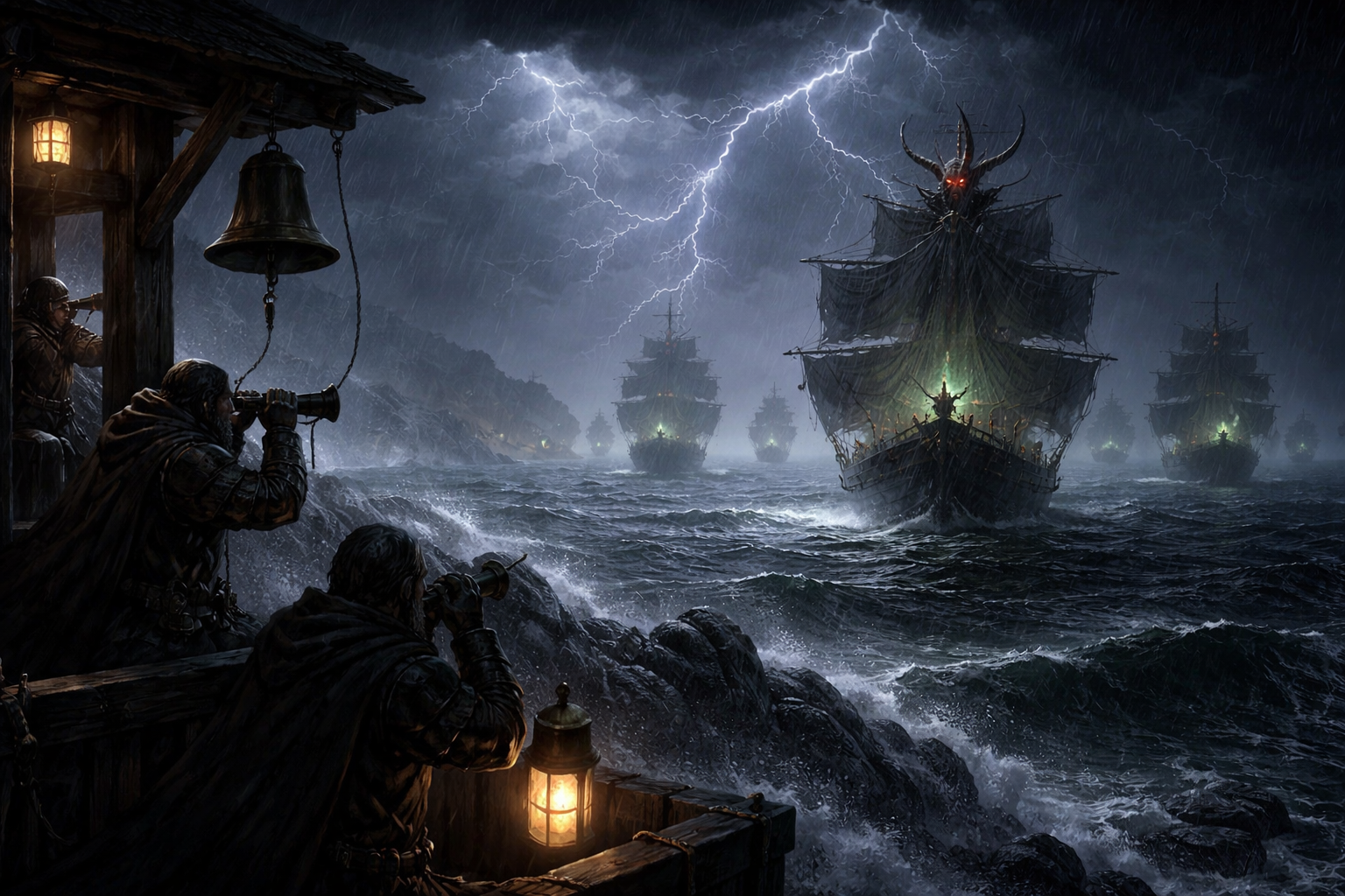 Dark Fantasy Fleet Poster – Storm Sea Ships Art Print, Demon Warships, Lightning Ocean Scene, Epic Fantasy Wall Decor