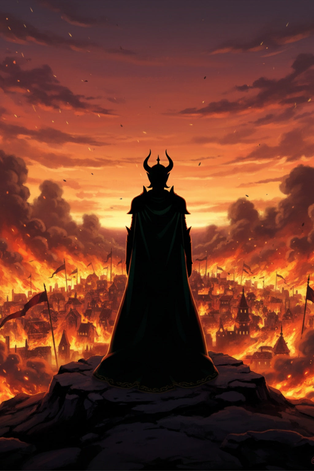 The Horned Queen Poster – Dark Fantasy Anime Wall Art, Burning Kingdom Scene, Villain Silhouette Artwork, 24x36 Print
