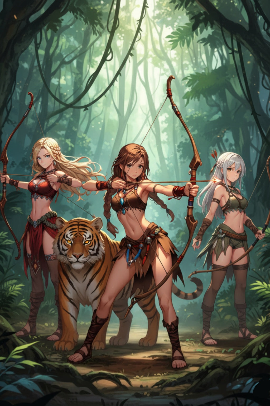 The Wildborne Poster – Fantasy Anime Wall Art, Jungle Spirit Hunters, Archer Girls Artwork, Tribal Fantasy Scene, 24x36 Print
