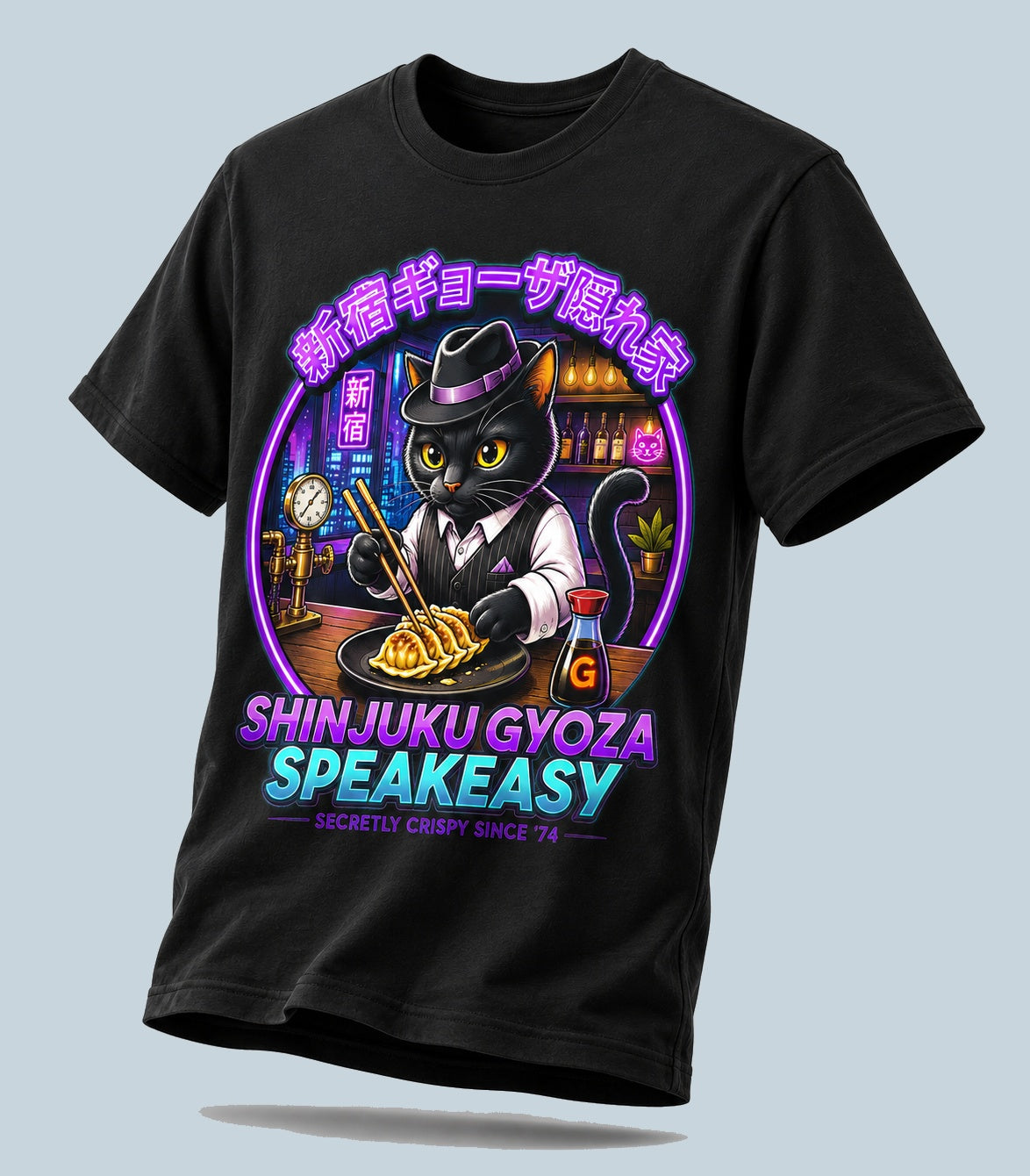 Shinjuku Gyoza Speakeasy T Shirt Neon Anime Cat Shirt Japanese Streetwear Cyberpunk Foodie Graphic Tee
