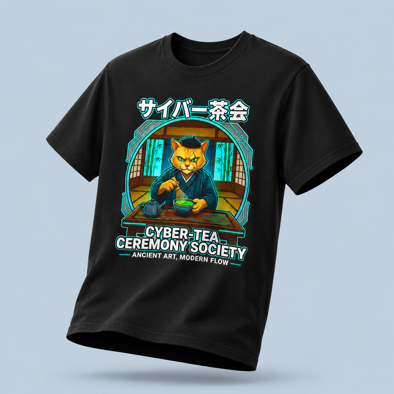 Cyber Tea Ceremony Society T Shirt Anime Cat Shirt Japanese Cyberpunk Streetwear Graphic Tee