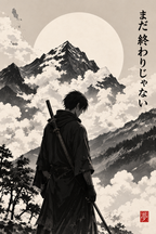 Samurai Under the Pale Mountain Moon Japanese Anime Art Poster