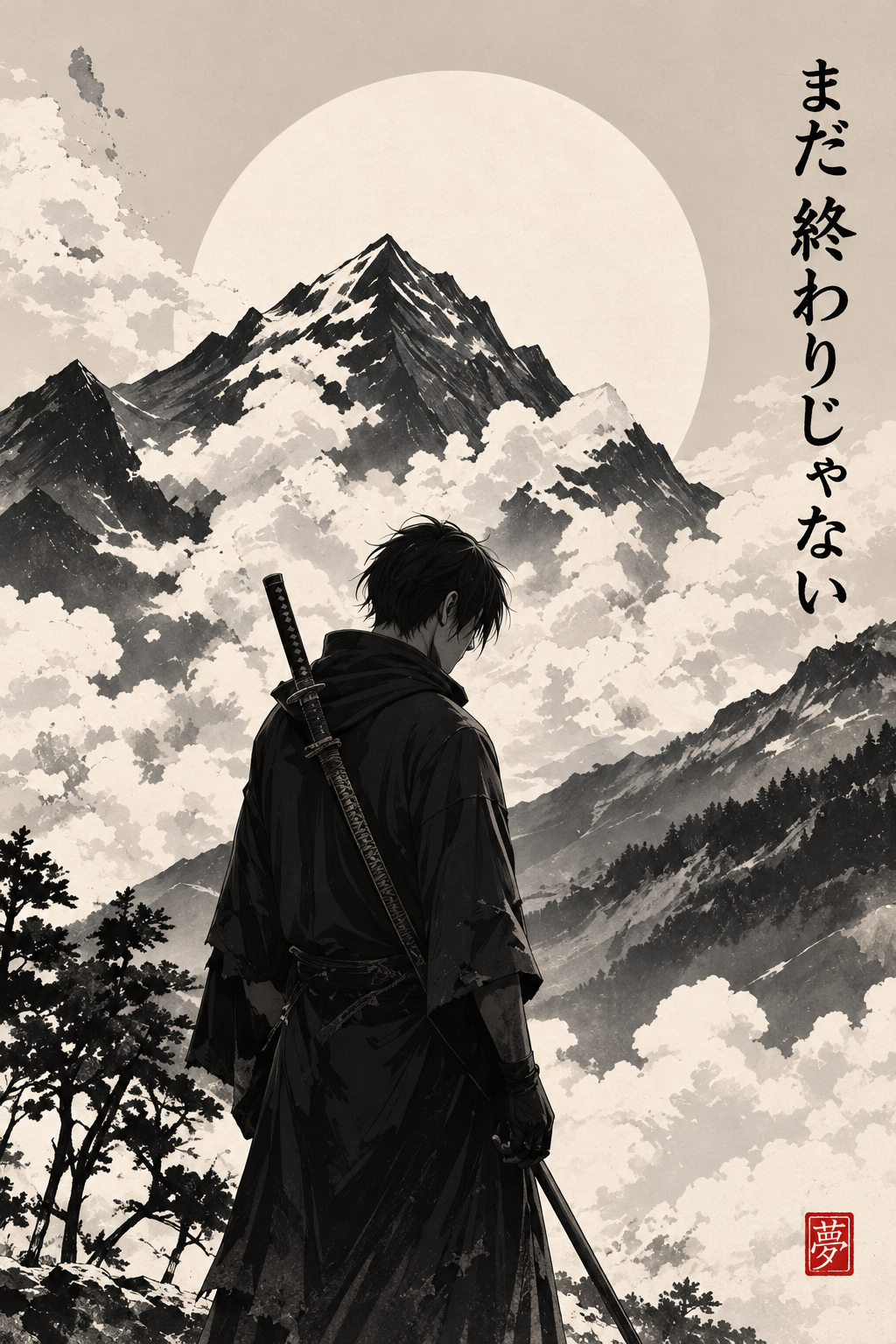 Samurai Under the Pale Mountain Moon Japanese Anime Art Poster