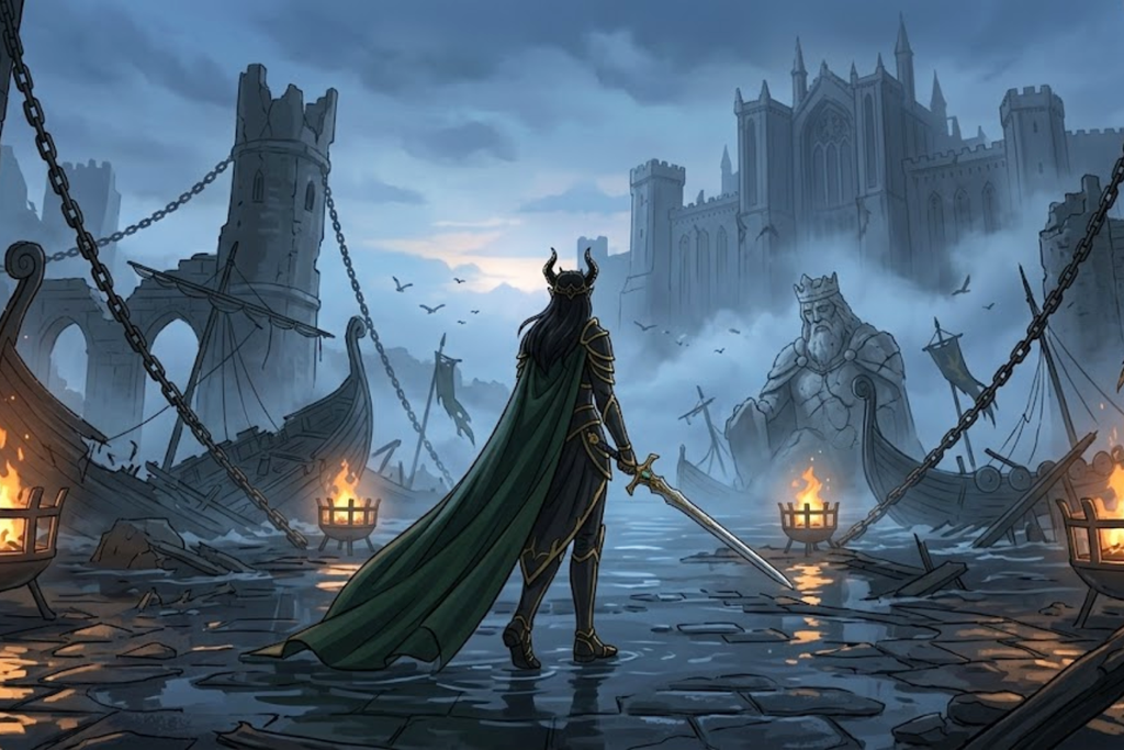 The Horned Queen: “Return to the Fallen Kingdom” Dark Fantasy Anime Poster