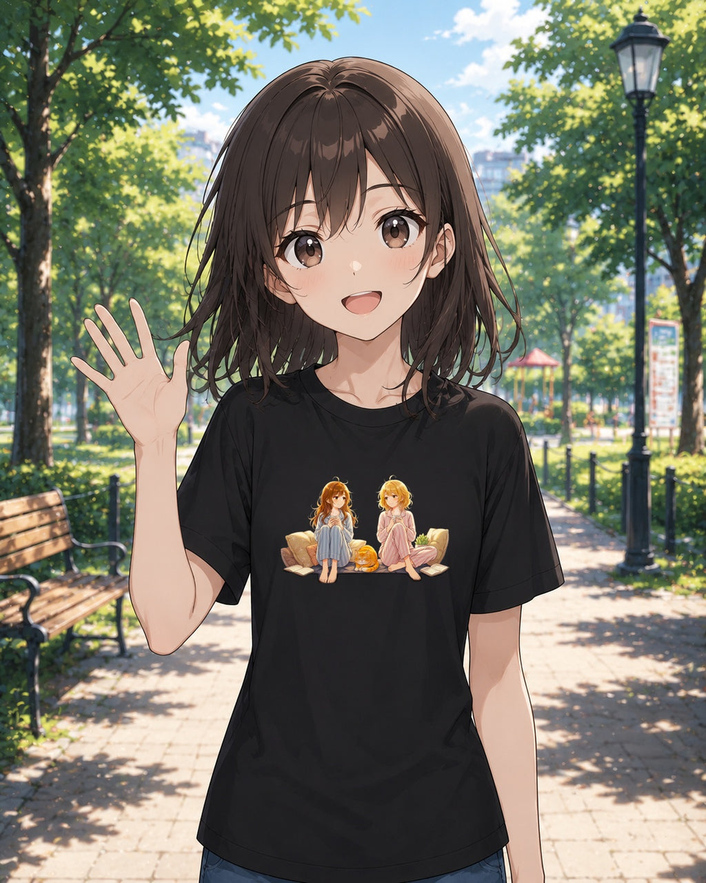 Cozy Anime Girls & Cat T-Shirt