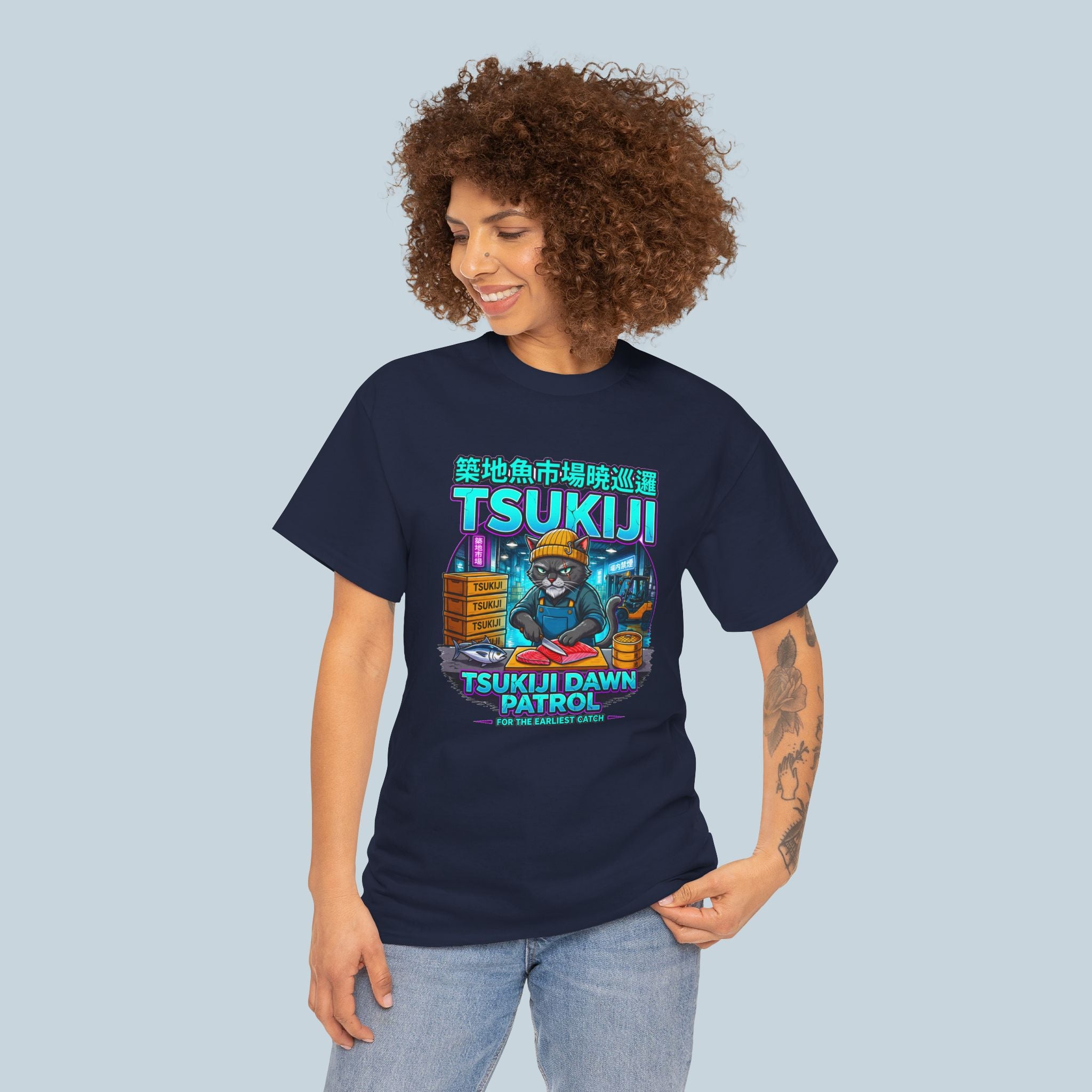 Tsukiji Dawn Patrol T Shirt Anime Cat Shirt Japanese Streetwear Neon Sushi Market Graphic Tee