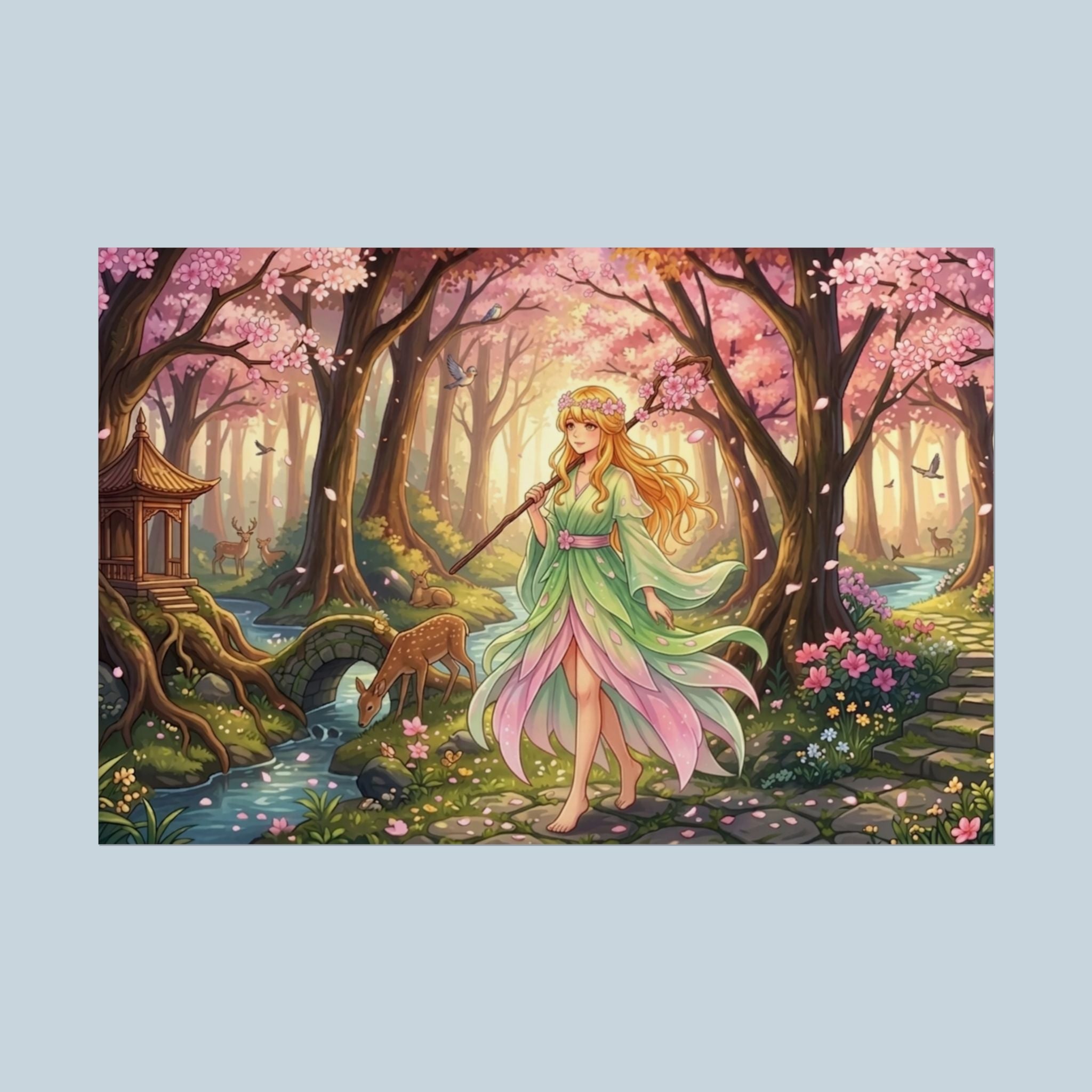 Cherry Blossom Forest Anime Poster – Spring Fantasy Girl Art Print, Sakura Woodland Scene, Nature Anime Wall Decor, Pastel Fairy Aesthetic