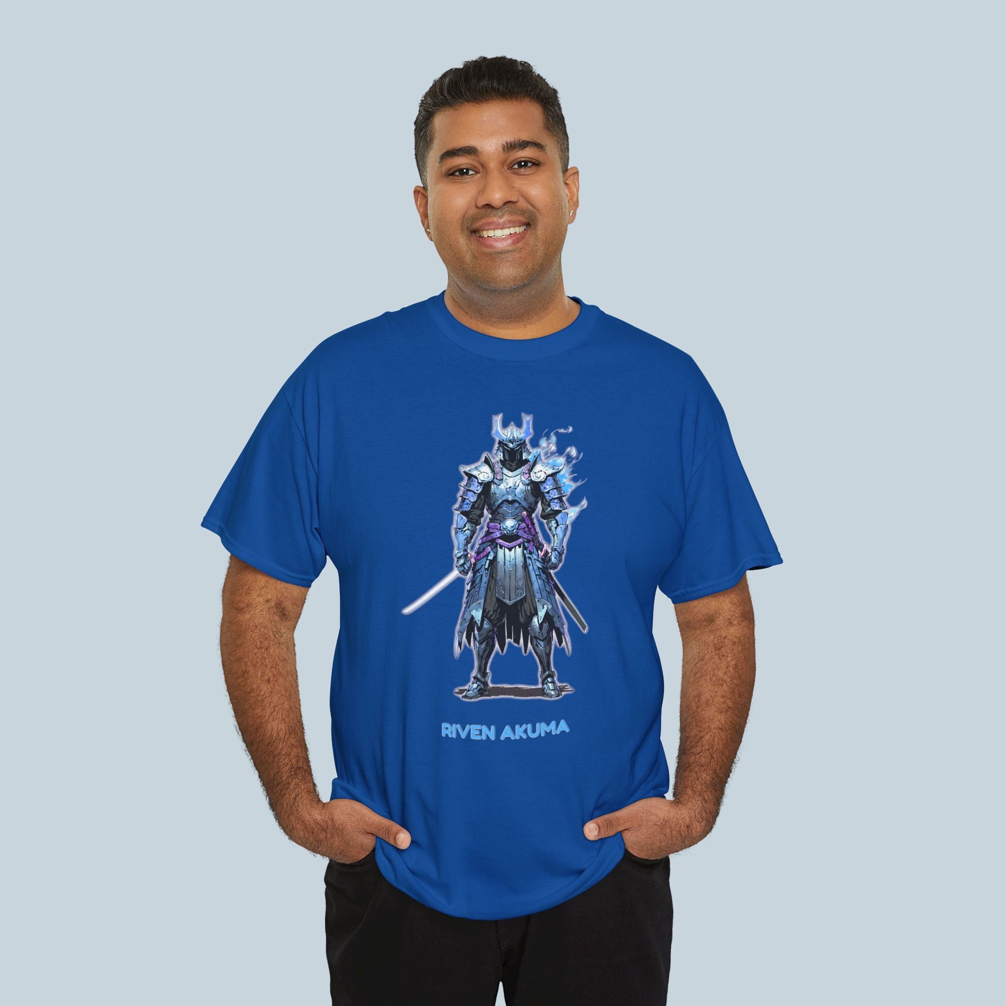 Samurai Anime Shirt Riven Akuma T-Shirt Blue Flame Warrior Streetwear for Anime Fans and Gamers