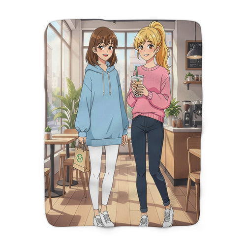 Anime Boba Girls Sherpa Blanket Cozy Soft Throw for Bedroom or Anime Lover Gift