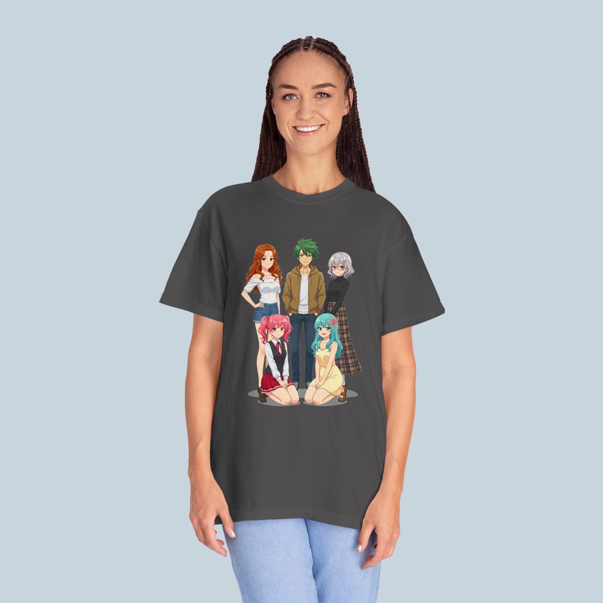 Anime Girl Harem T-Shirt Comfort Colors Vintage Teal Tee for Otaku Fans