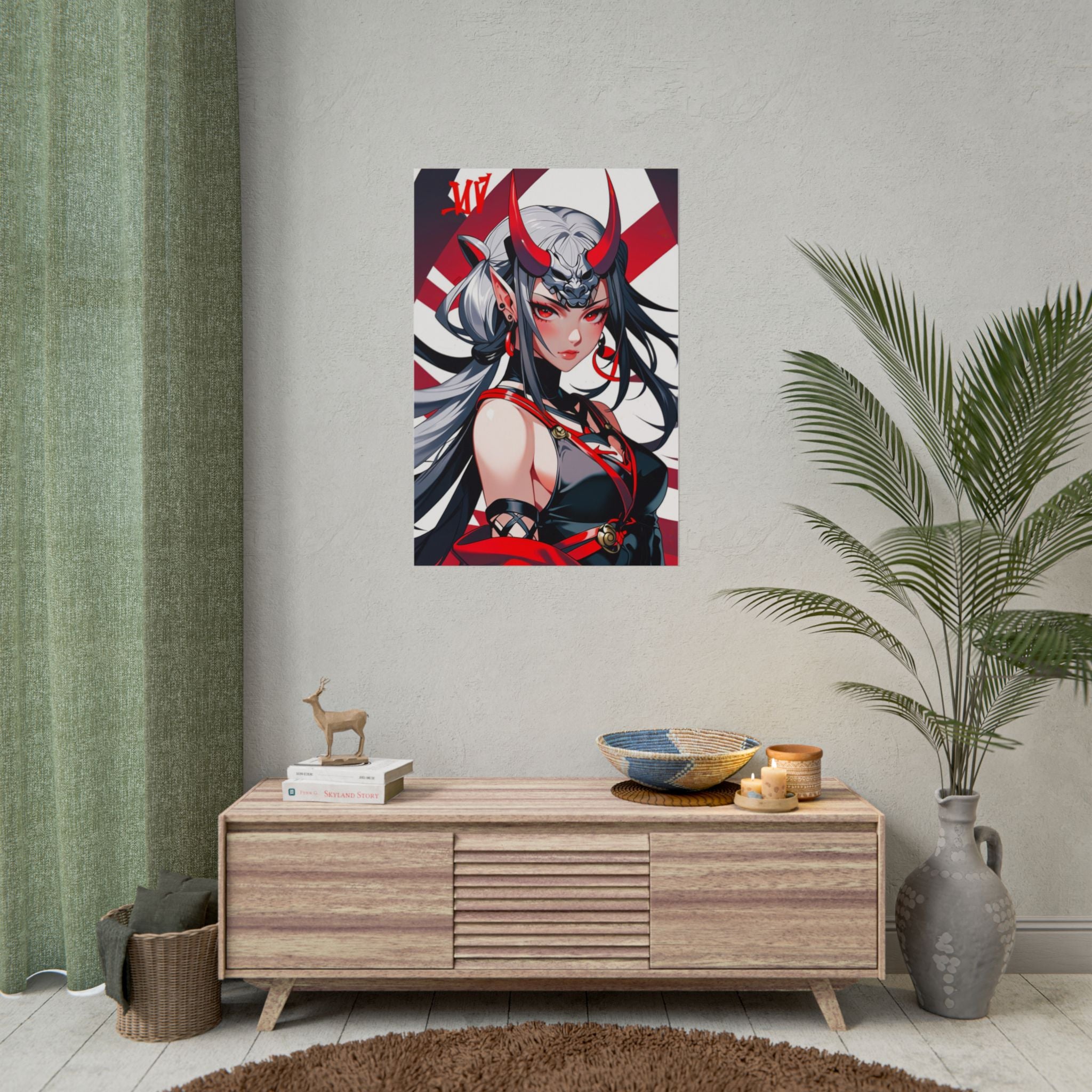 Oni Mask Demon Girl Poster – Japanese Anime Wall Art Print, Red Rising Sun Cyberpunk Decor, Sexy Manga Pin Up Demon Poster