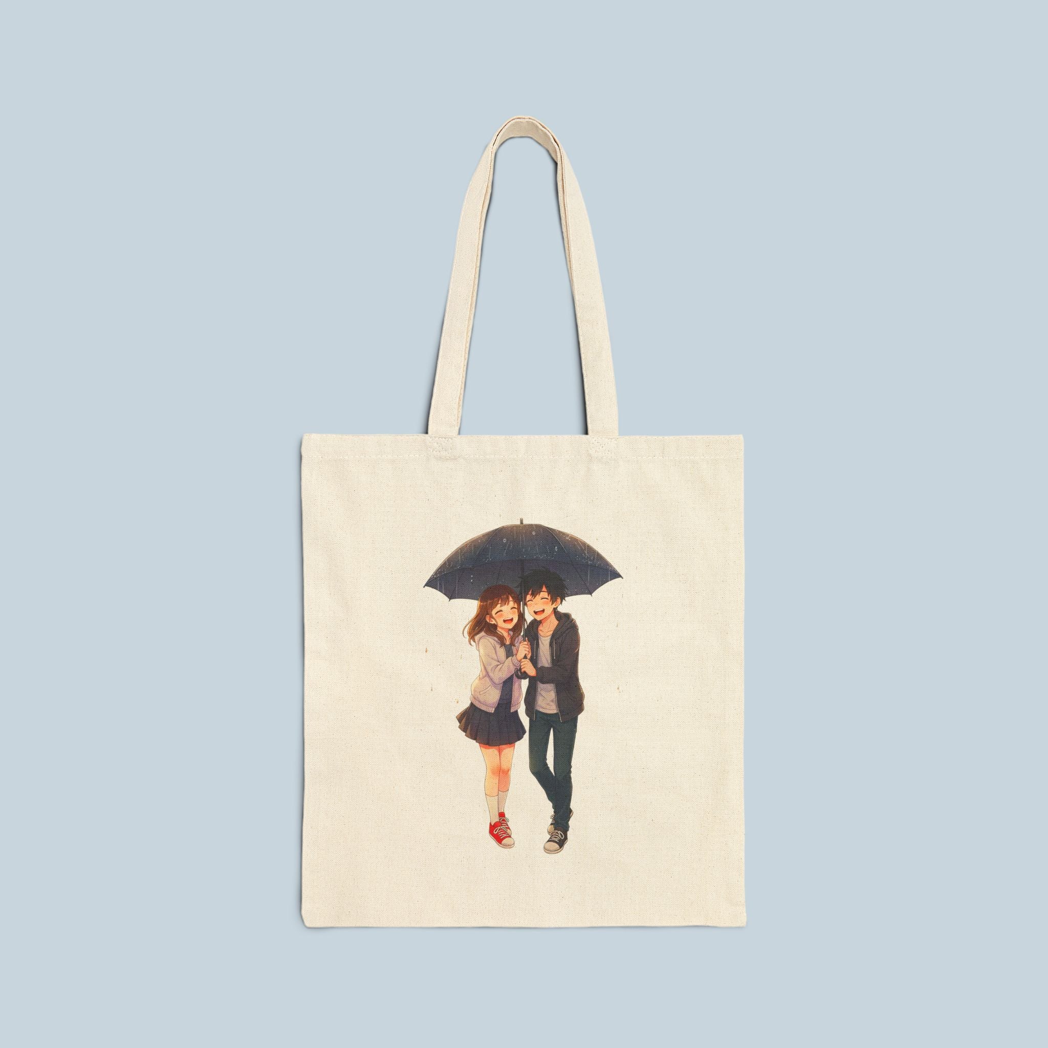 Cute Anime Couple Tote Bag Romantic Rain Scene Canvas Gift for Anime Fans and Kawaii Aesthetic Lovers