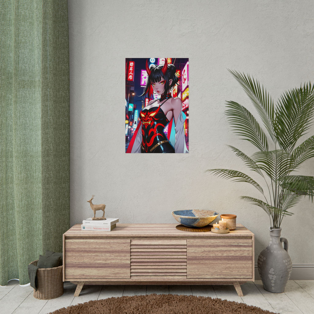 Neon Oni Demon Girl Anime Poster – Cyberpunk Horror Pin Up Wall Art