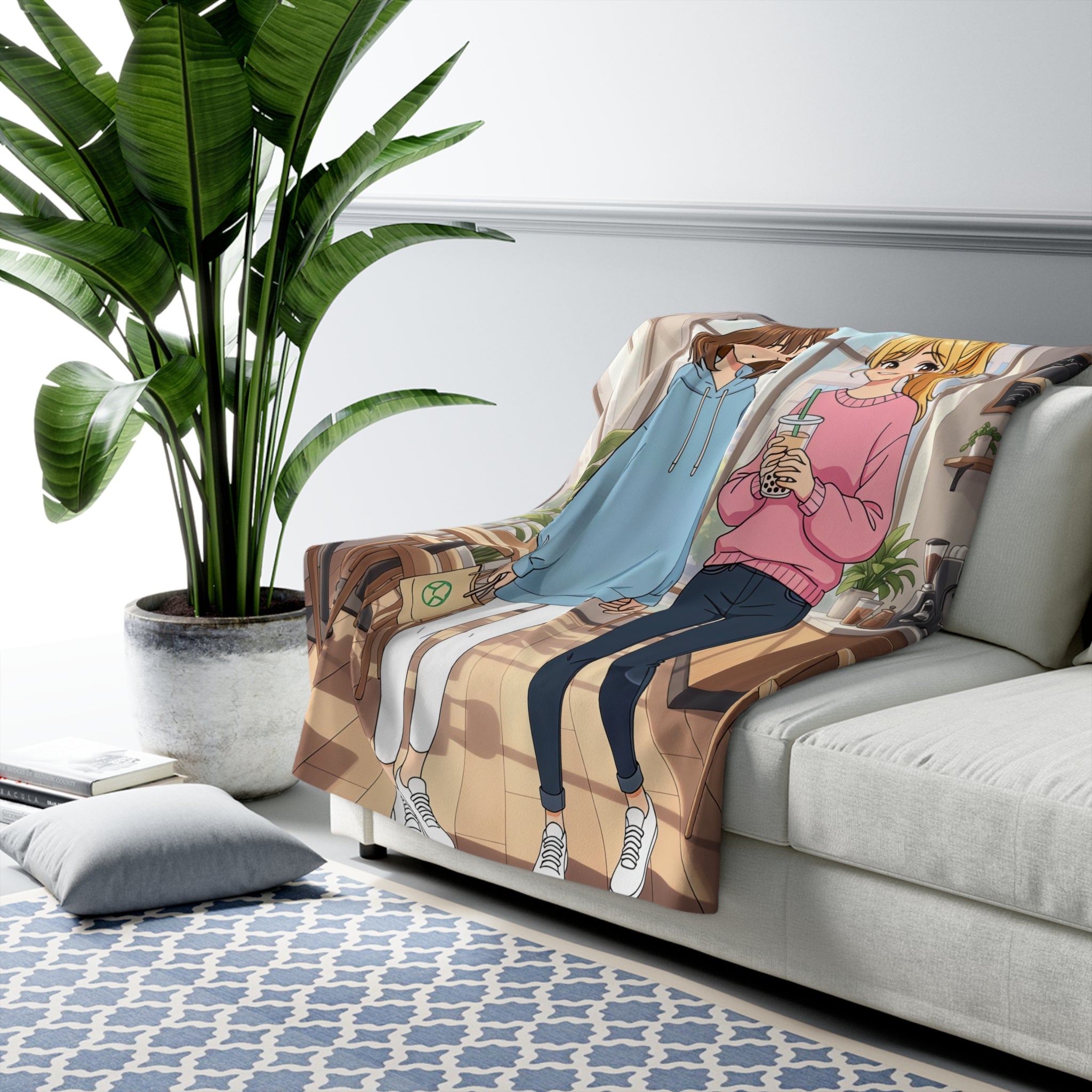 Anime Boba Girls Sherpa Blanket Cozy Soft Throw for Bedroom or Anime Lover Gift