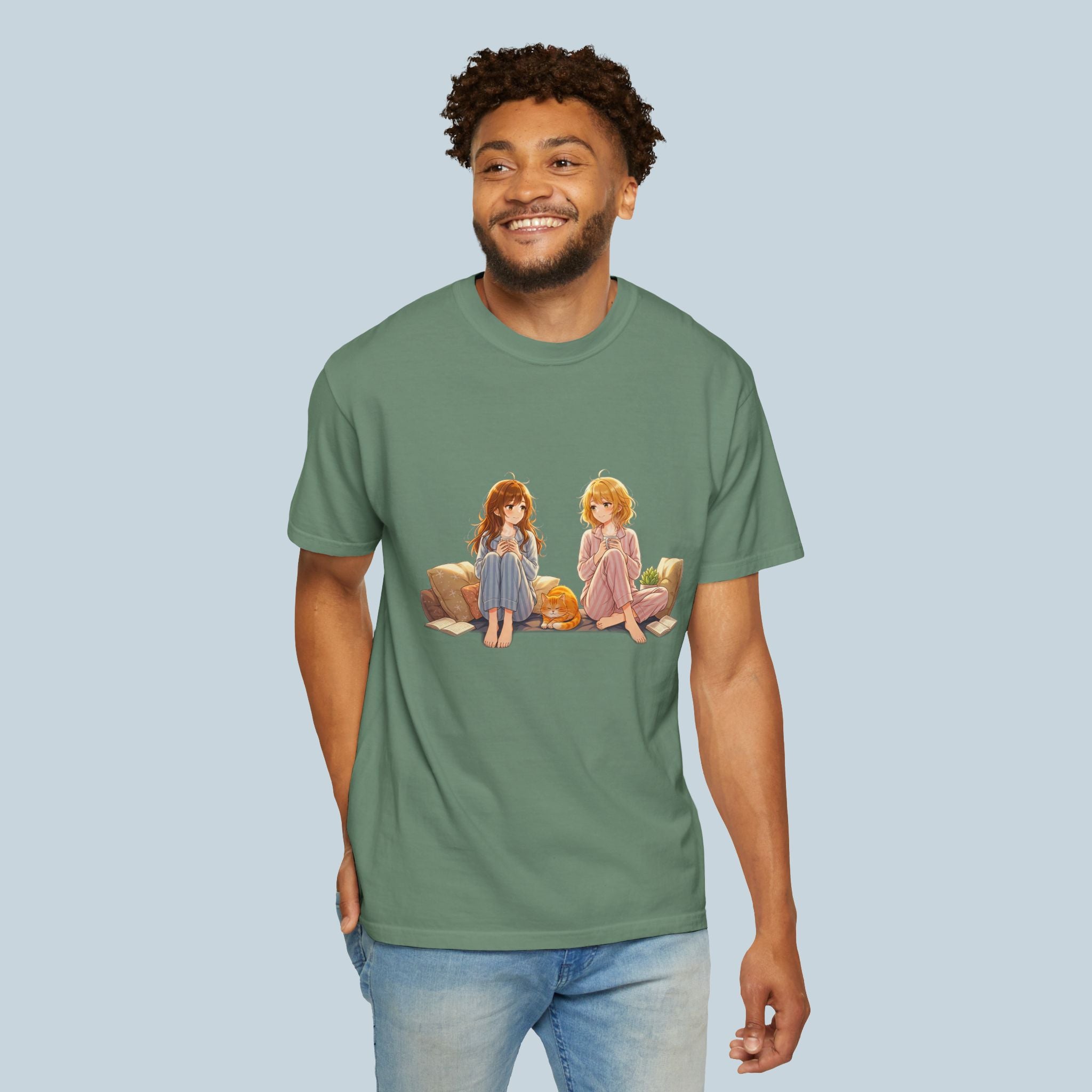 Cozy Anime Girl T-Shirt Cute Pajama Manga Style with Cat  Relaxed Fit Gift for Anime Lovers