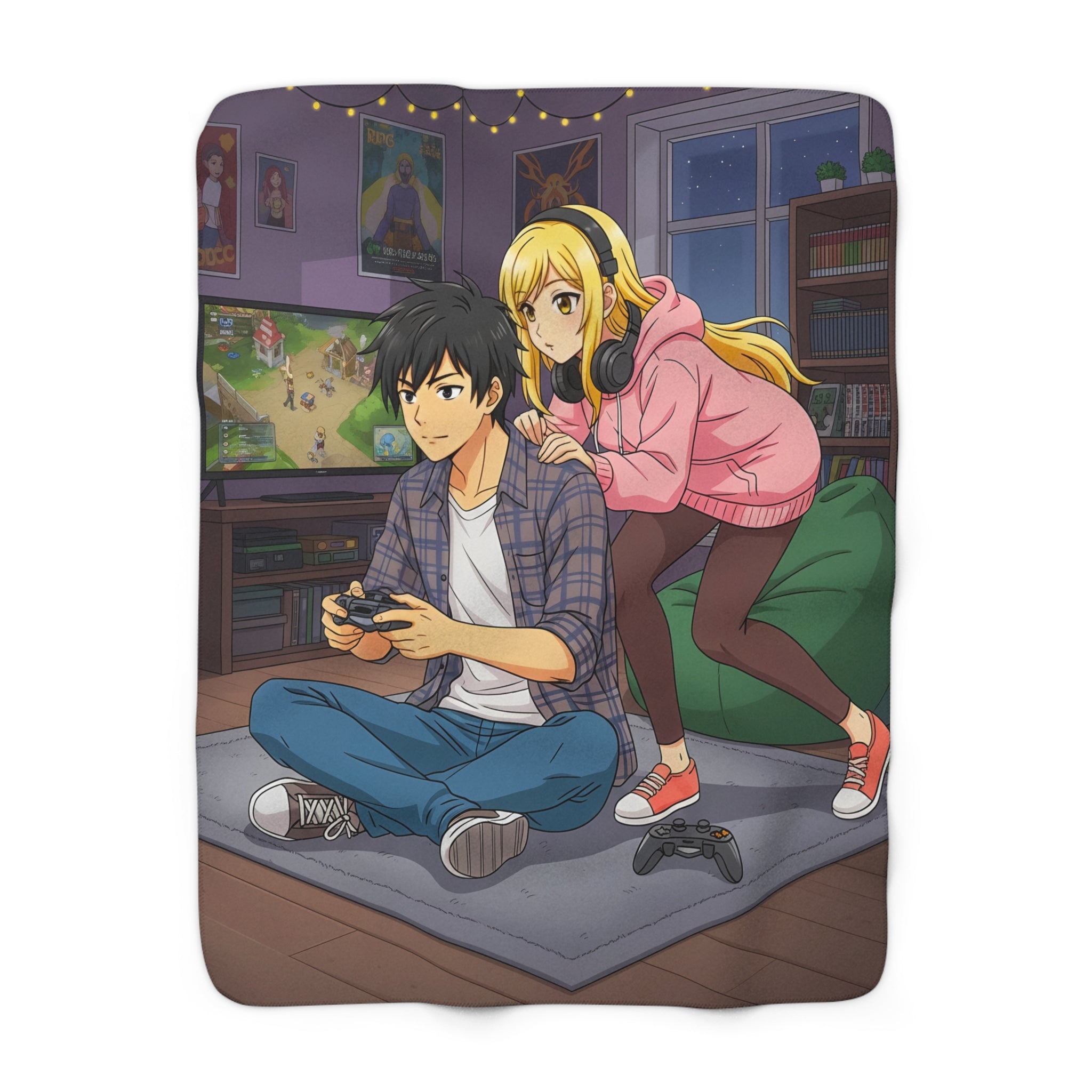 Cozy Gamer Couple Sherpa Fleece Blanket — Anime Gaming Room Design