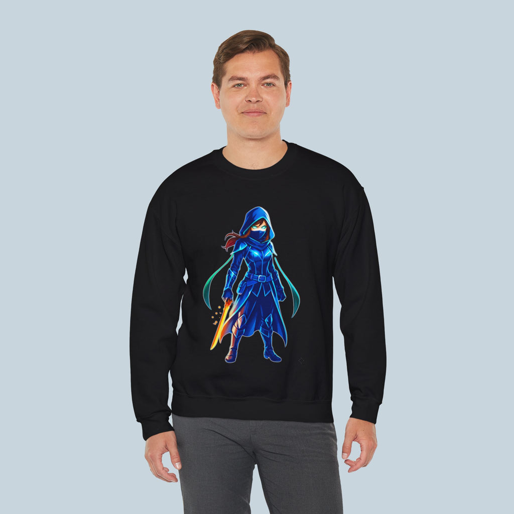 Blue Ninja Anime Sweatshirt Assassin Girl Glow Blade Japanese Streetwear Gift for Gamers and Anime Fans