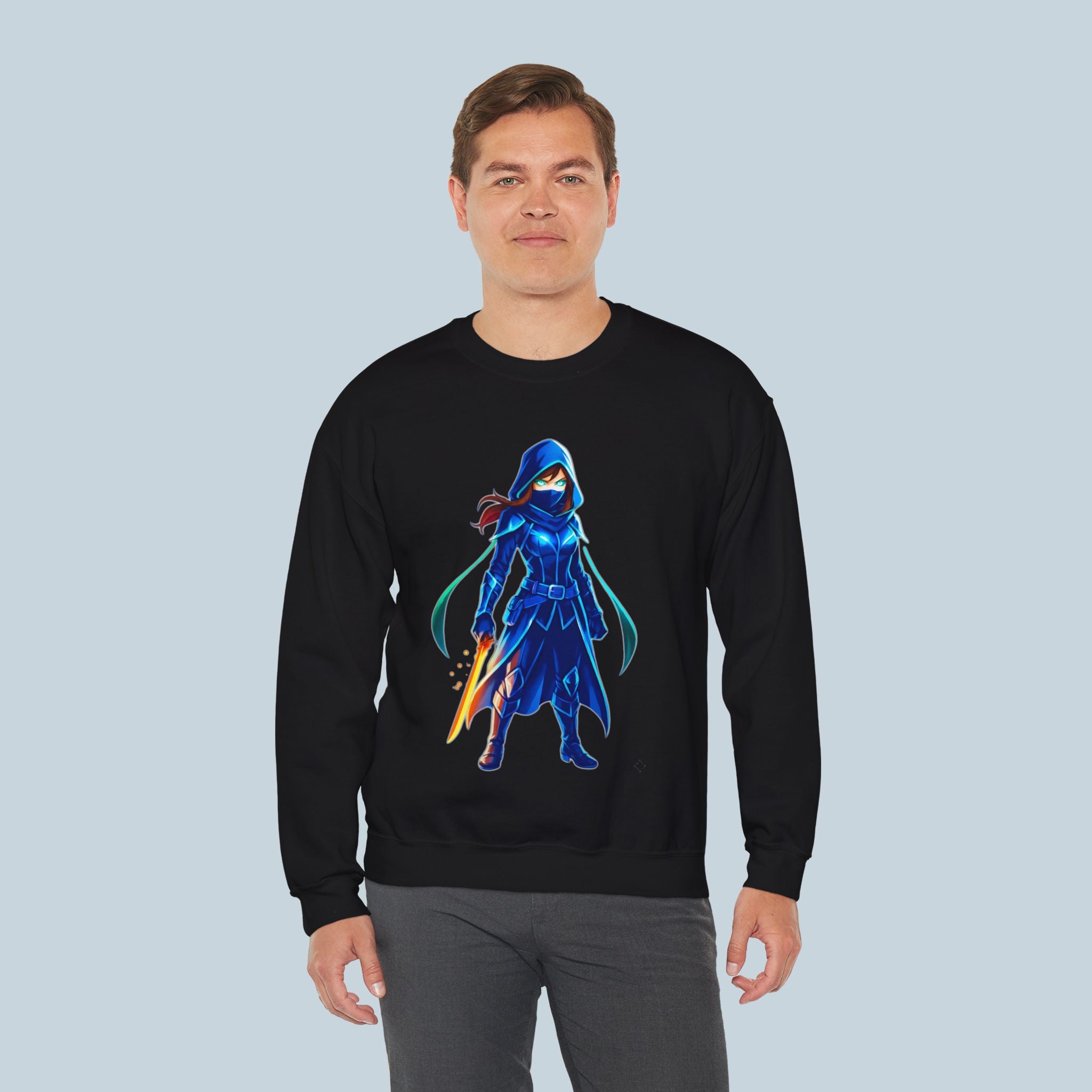 Blue Ninja Anime Sweatshirt Assassin Girl Glow Blade Japanese Streetwear Gift for Gamers and Anime Fans