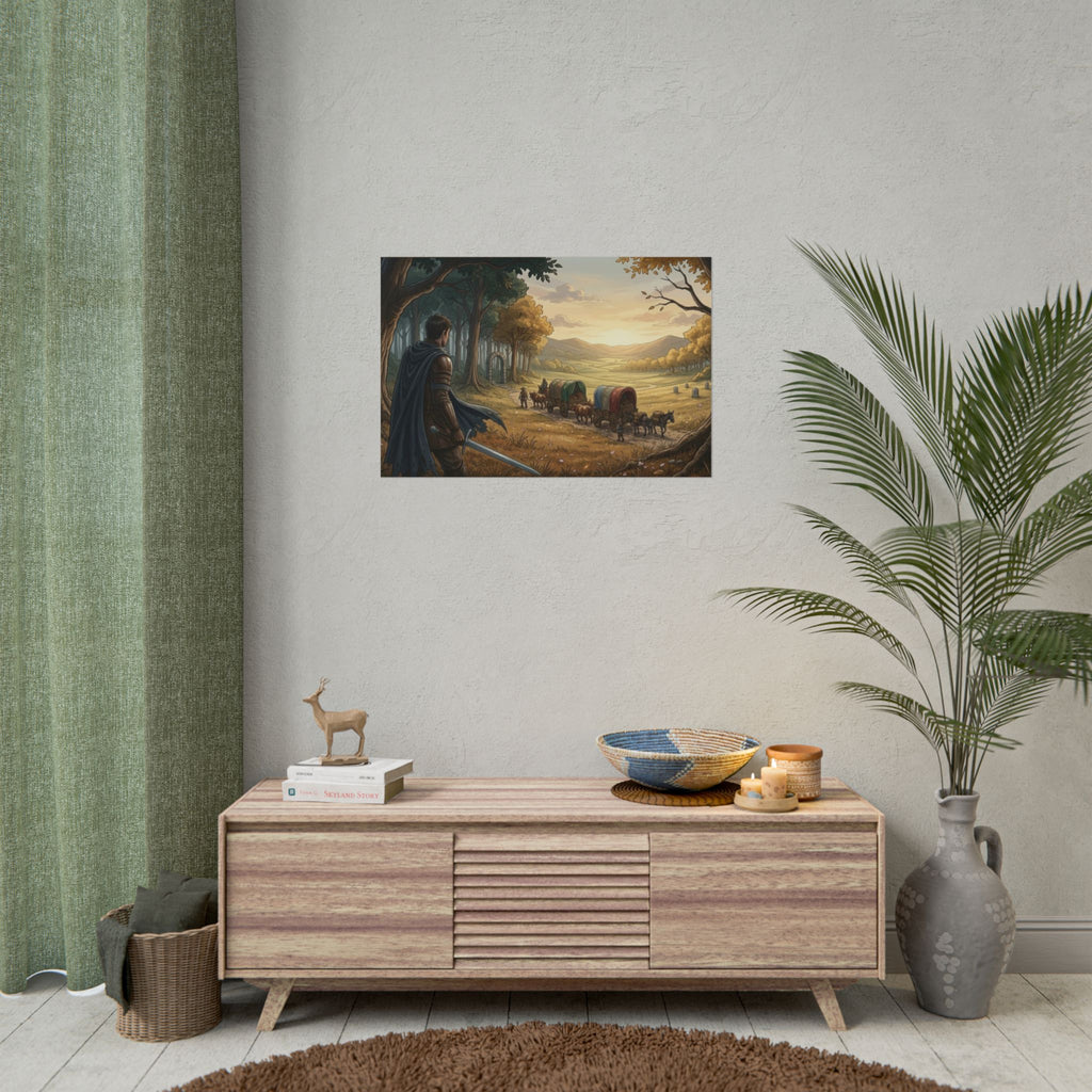Fantasy Caravan Poster – Medieval Journey Art Print, Lone Warrior Watching Wagons, Storybook Landscape, Adventure Wall Decor
