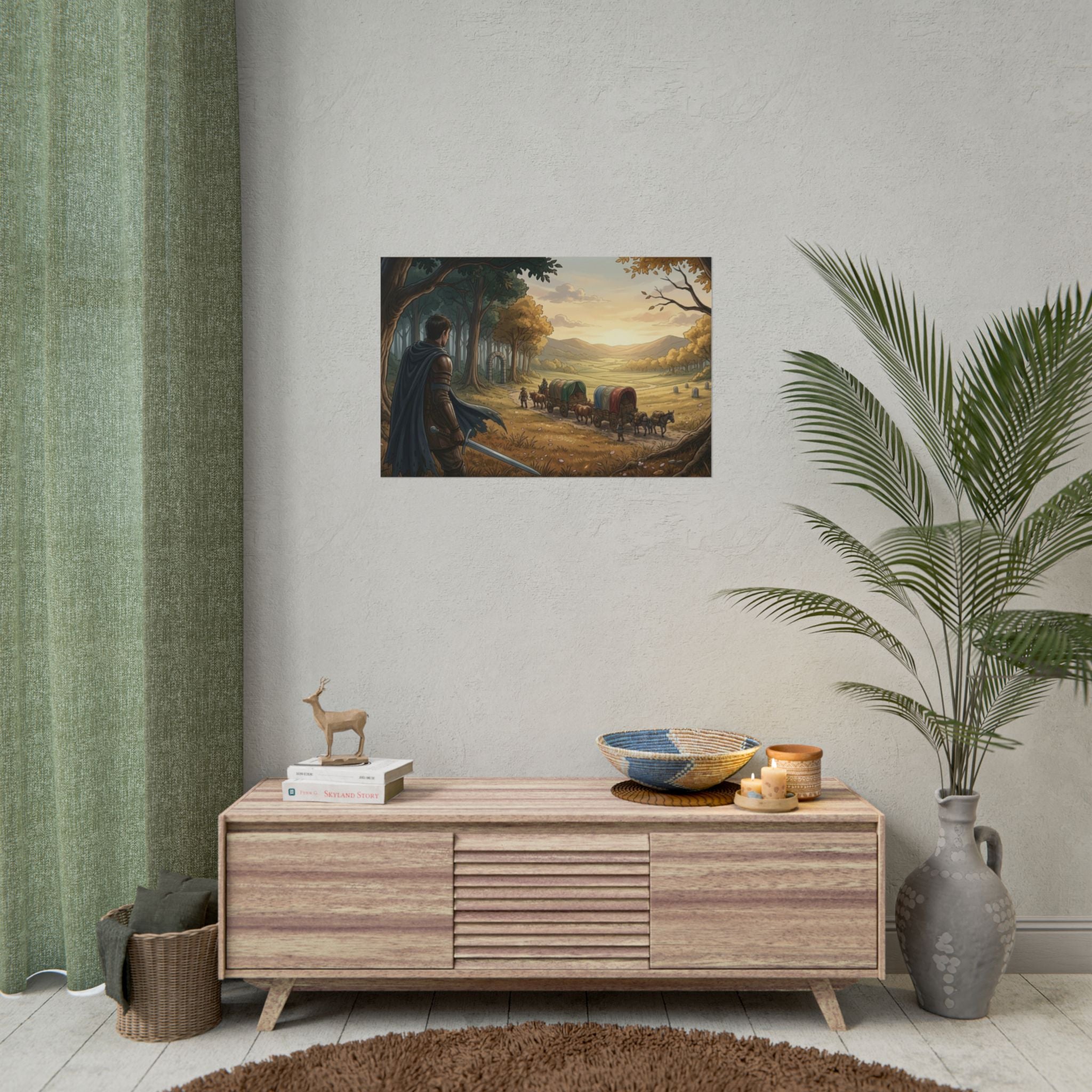 Fantasy Caravan Poster – Medieval Journey Art Print, Lone Warrior Watching Wagons, Storybook Landscape, Adventure Wall Decor