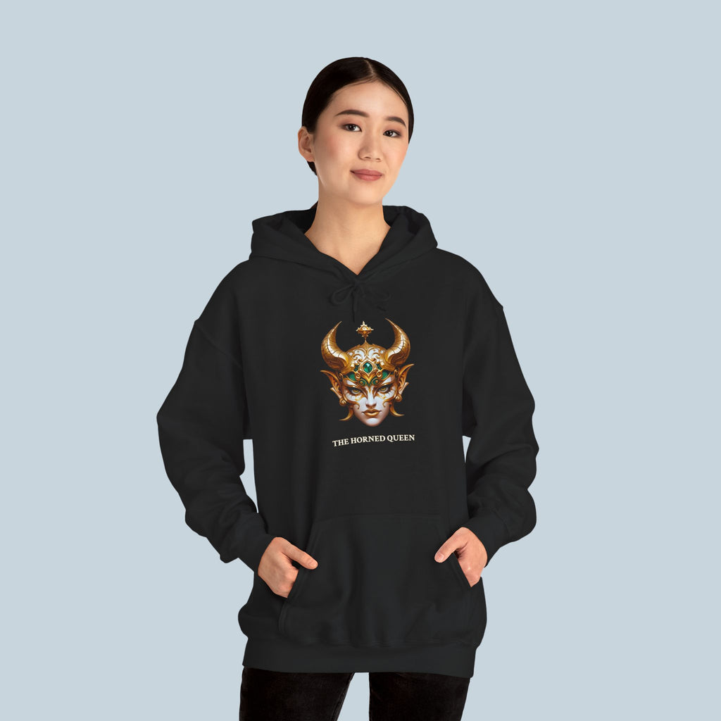 The Horned Queen Hoodie – Dark Fantasy Anime Streetwear with Gold Mask Design | Epic Anime Apparel
