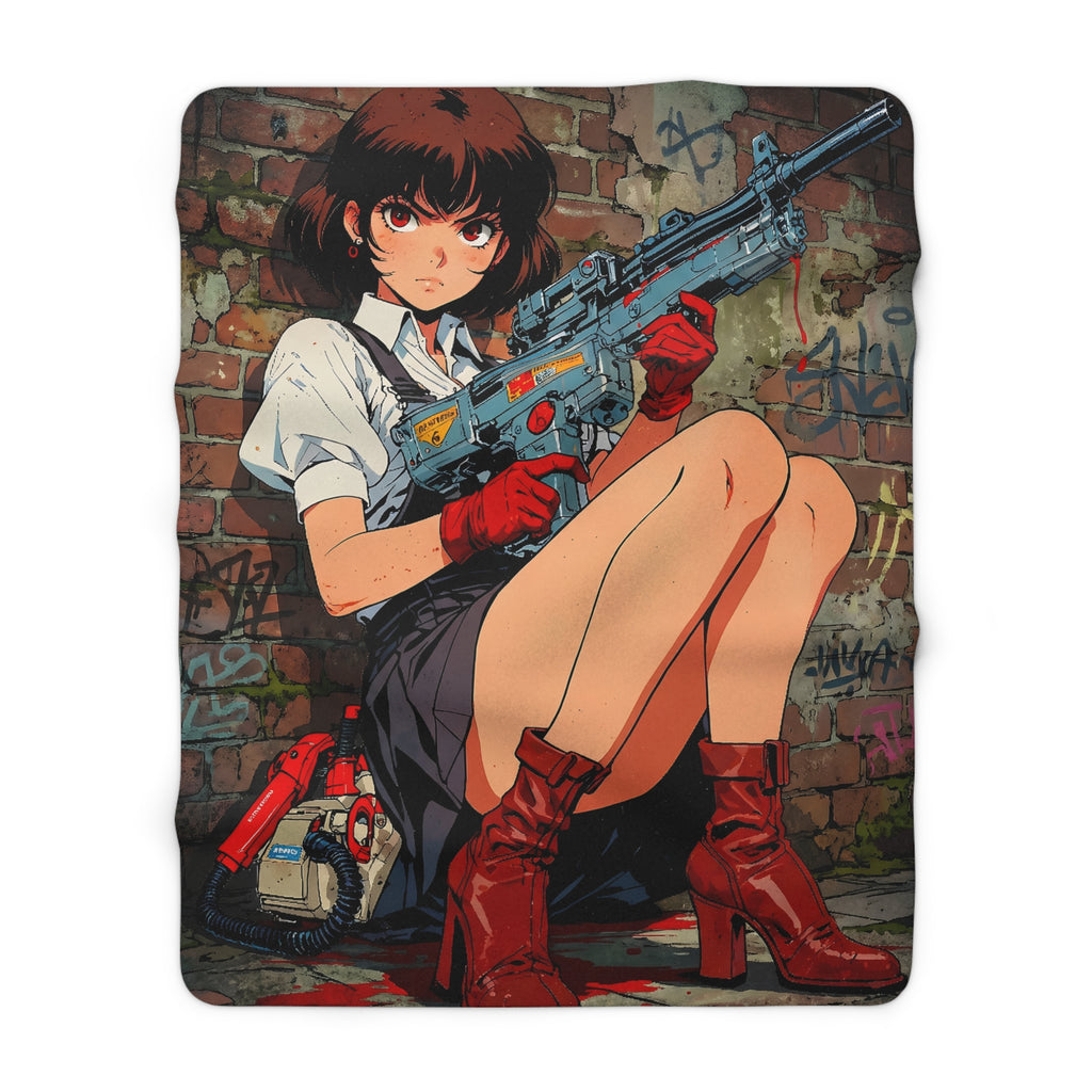 Anime Pin Up Girl Sherpa Blanket Grindhouse Girl Gun Horror Throw Soft Cozy Gift for Anime Fans and Gamers