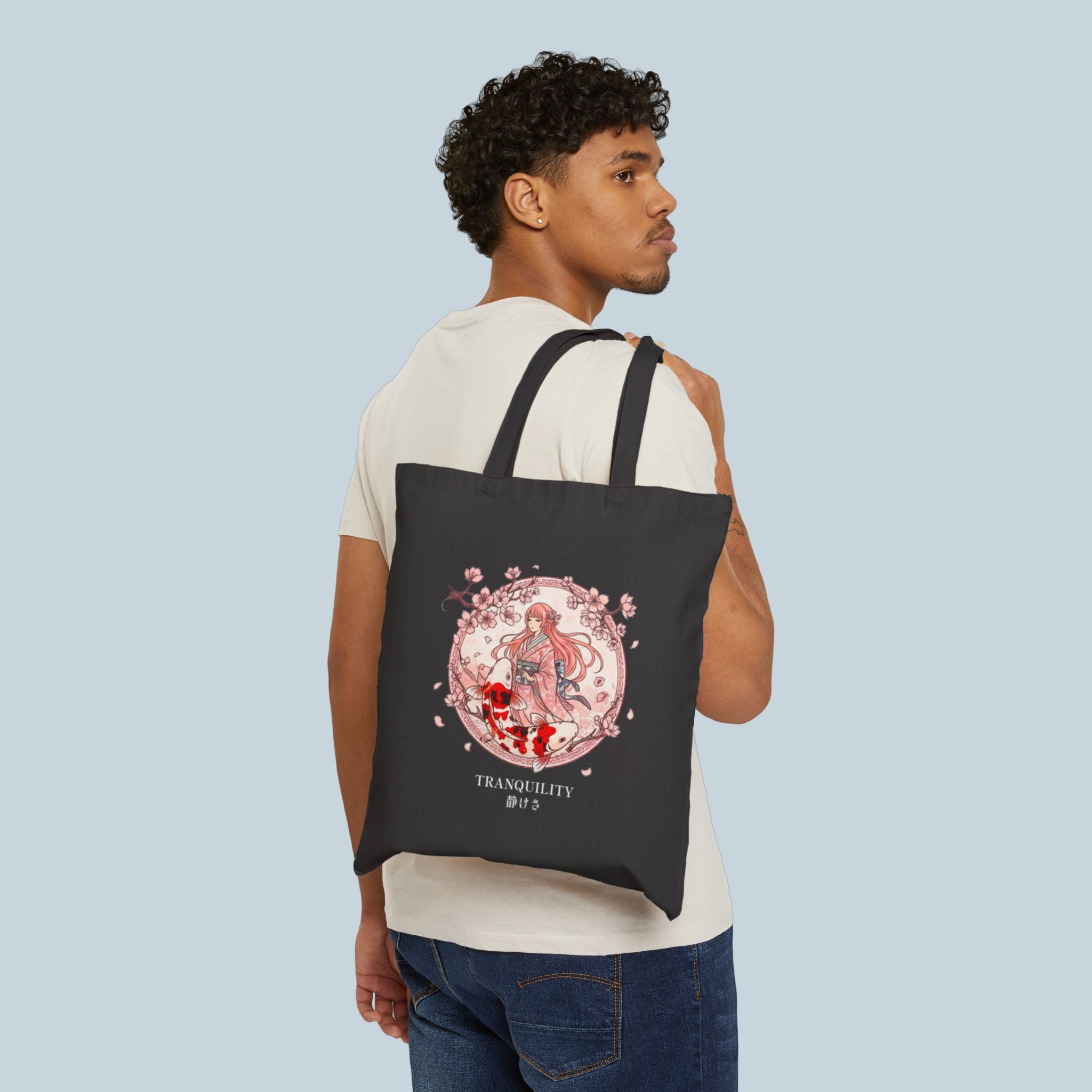 Tranquility Anime Tote Bag Sakura Koi Japanese Aesthetic Calm Anime Shopper Bag