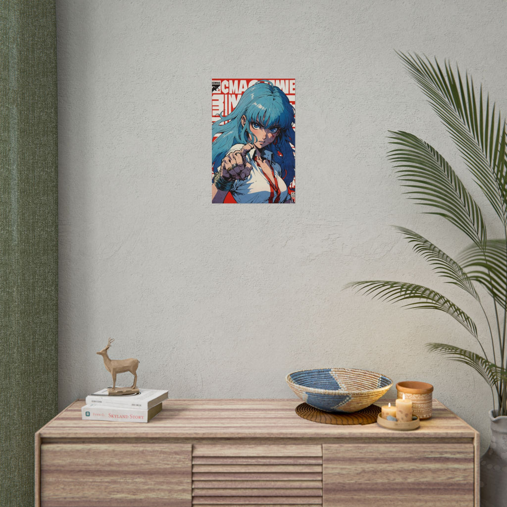 Retro Anime Grindhouse Poster, Blue Haired Survivor Girl Wall Art, Pulp Horror Manga Print, Zombie Apocalypse Anime Decor, Gamer Room Poster
