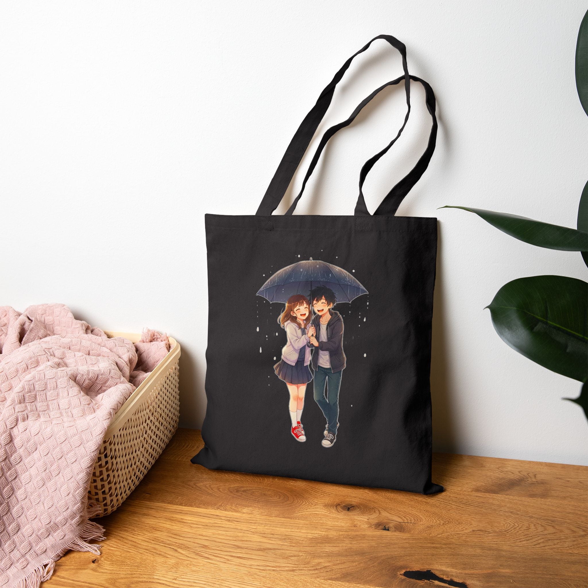Cute Anime Couple Tote Bag Romantic Rain Scene Canvas Gift for Anime Fans and Kawaii Aesthetic Lovers