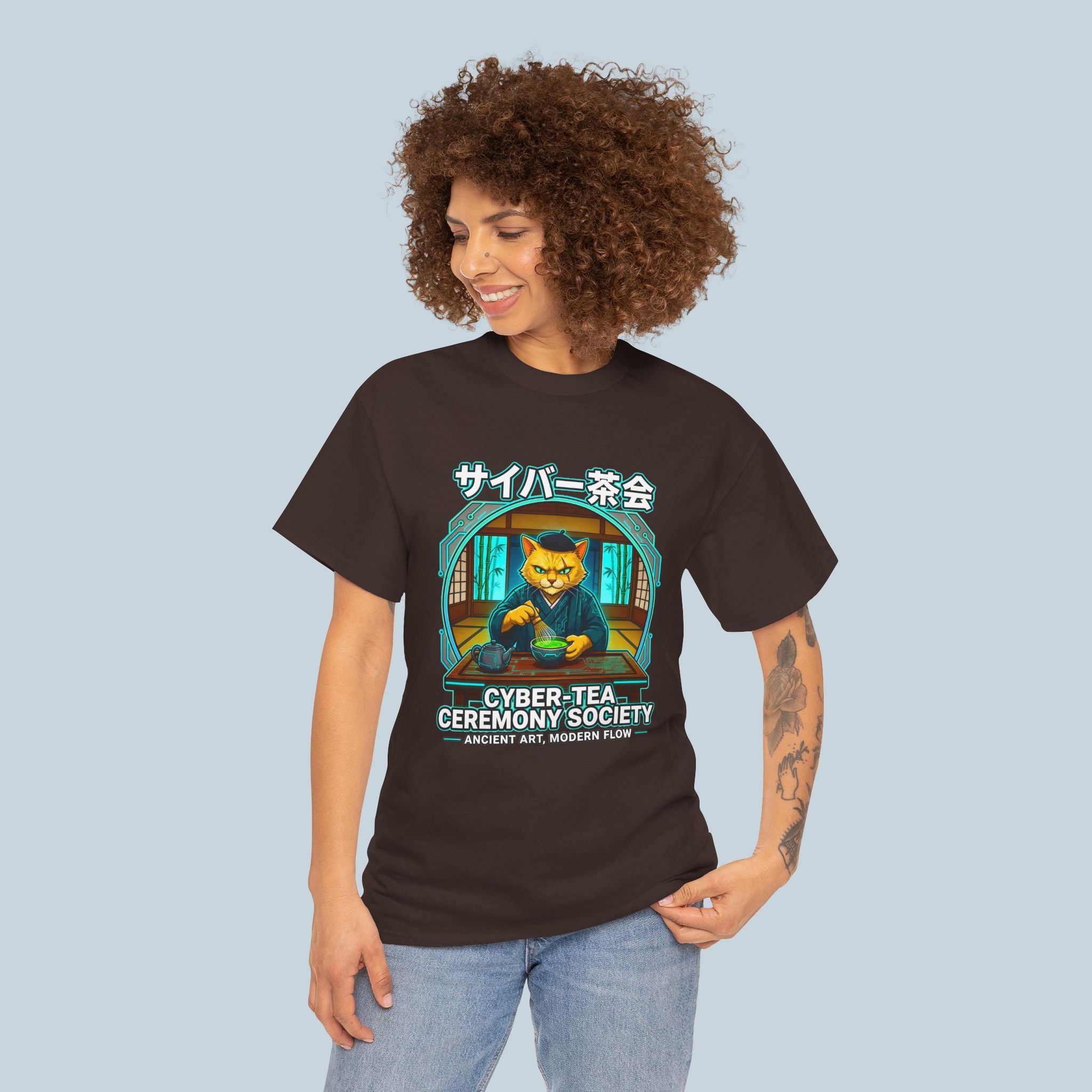 Cyber Tea Ceremony Society T Shirt Anime Cat Shirt Japanese Cyberpunk Streetwear Graphic Tee