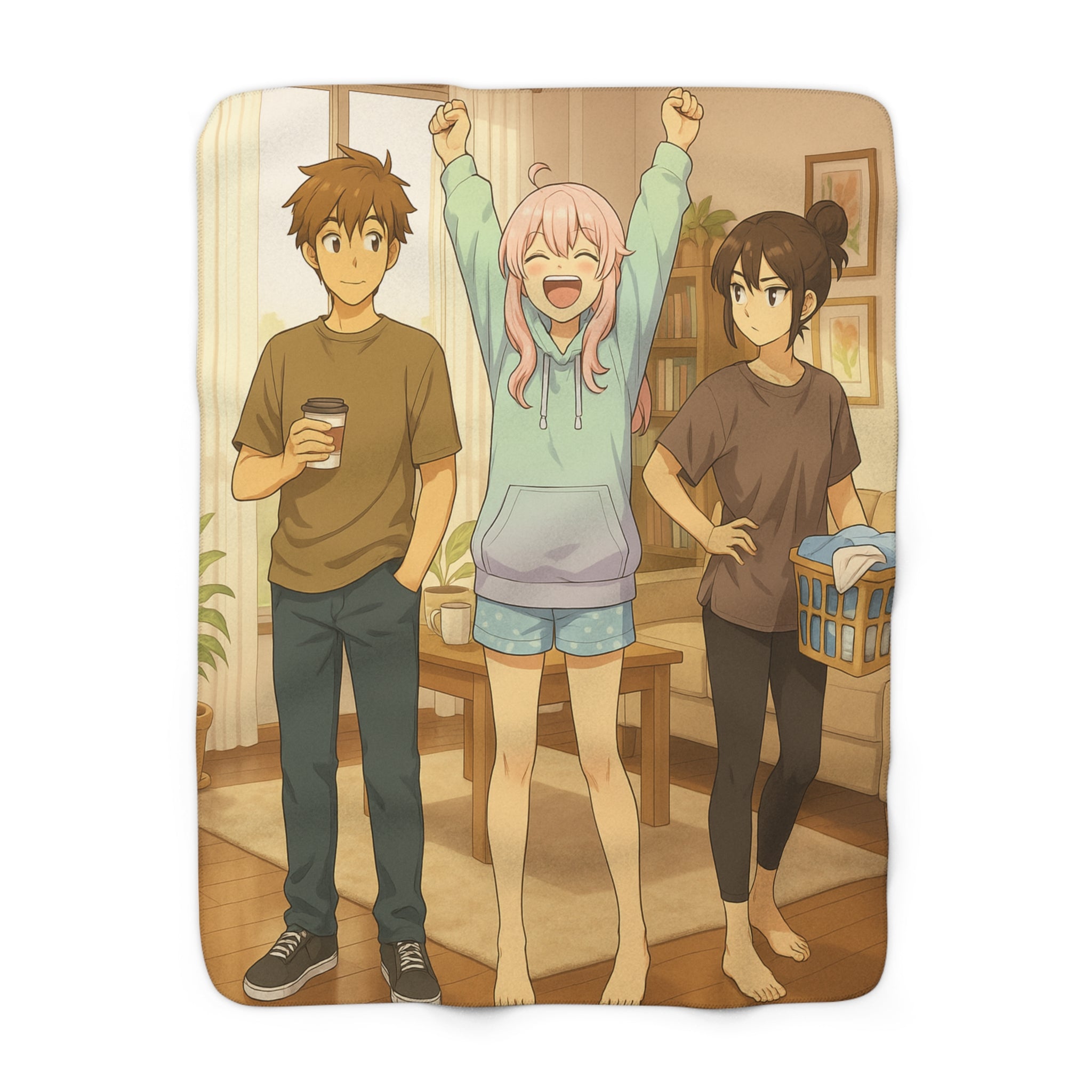 Anime Friends Cozy Sherpa Blanket Cute Living Room Scene Gift