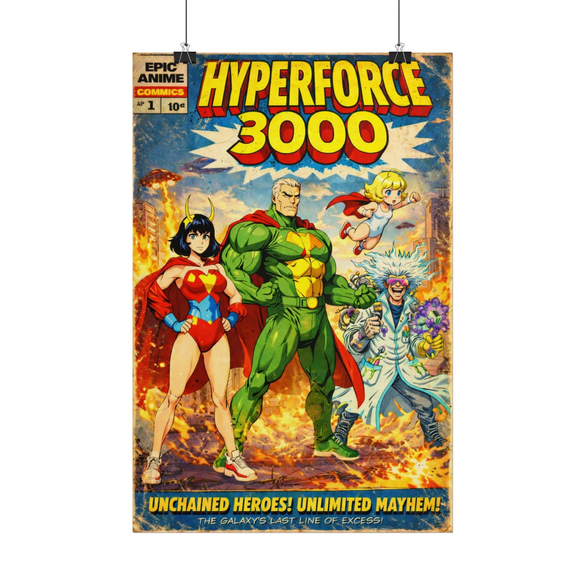 Hyperforce 3000 Poster – Retro Comic Superhero Wall Art, Anime Sci-Fi Team Poster, Vintage Action Comic Cover, 24x36 Print
