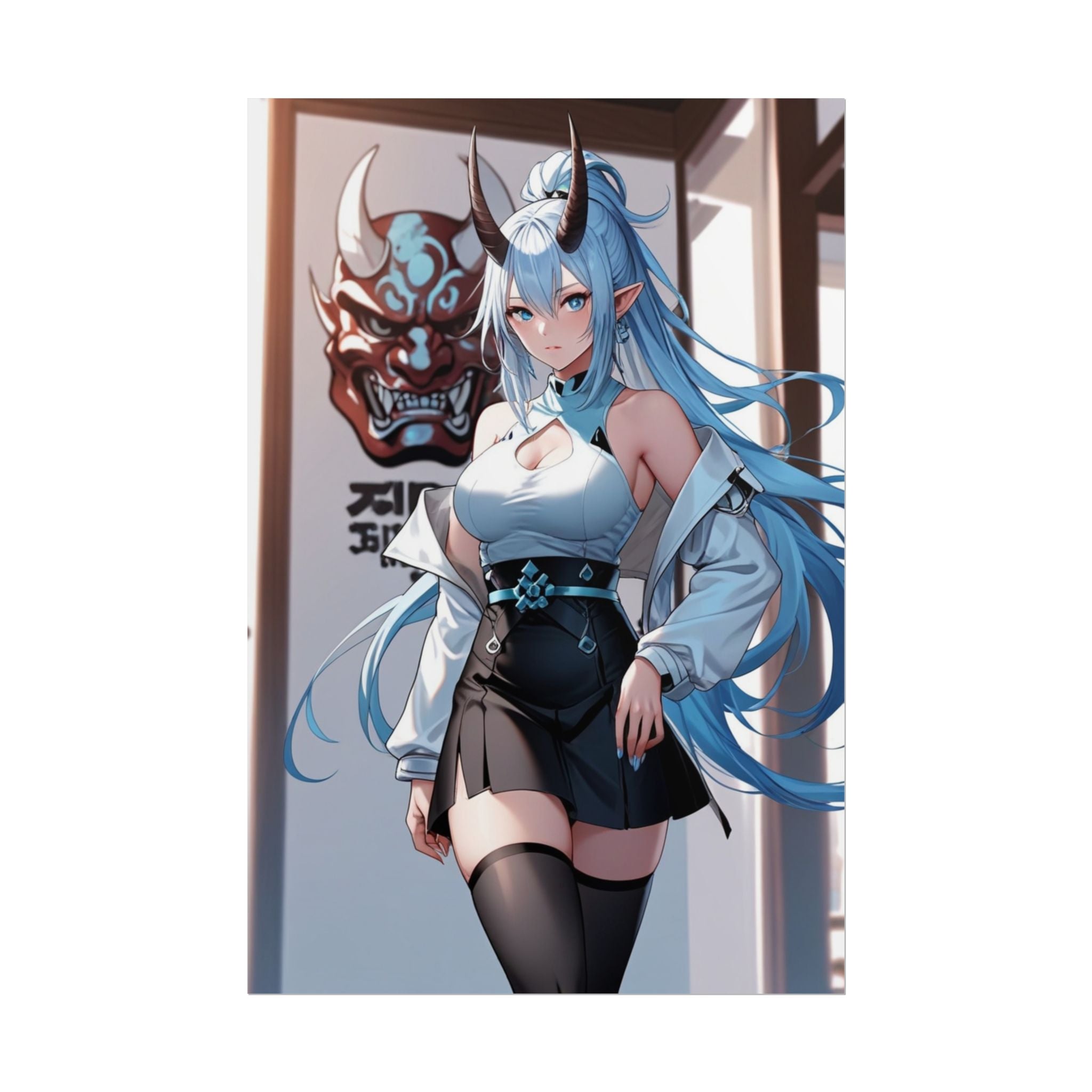 Blue Oni Girl Poster – Anime Demon Wall Art Print, Japanese Oni Mask Decor, Ice Blue Fantasy Pin Up Poster, Manga Style Bedroom Wall Decor