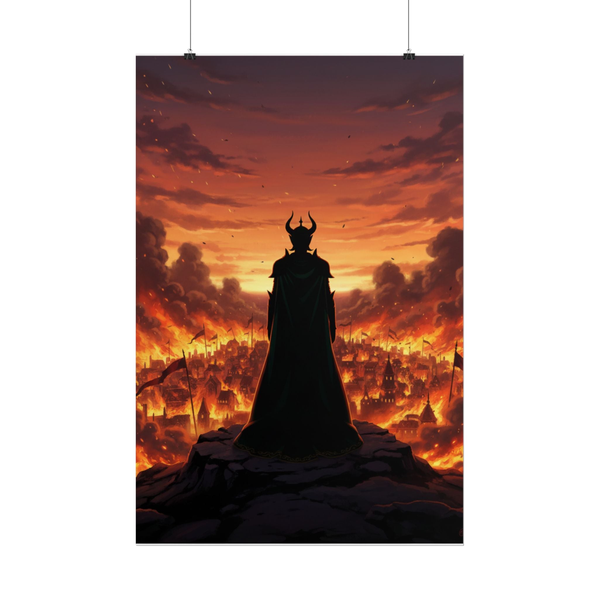 The Horned Queen Poster – Dark Fantasy Anime Wall Art, Burning Kingdom Scene, Villain Silhouette Artwork, 24x36 Print