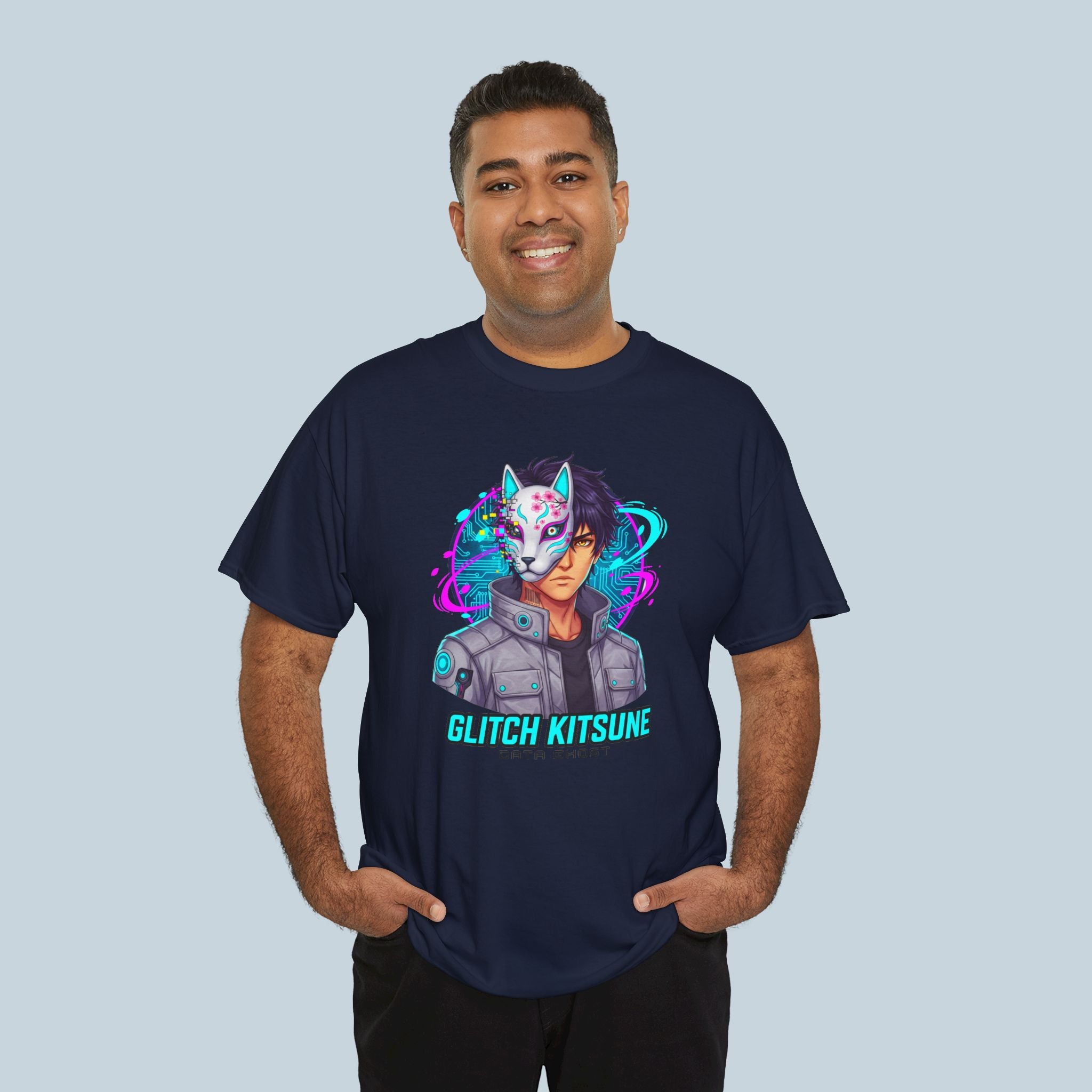 Glitch Kitsune Anime T Shirt Cyberpunk Fox Mask Neon Streetwear Tee