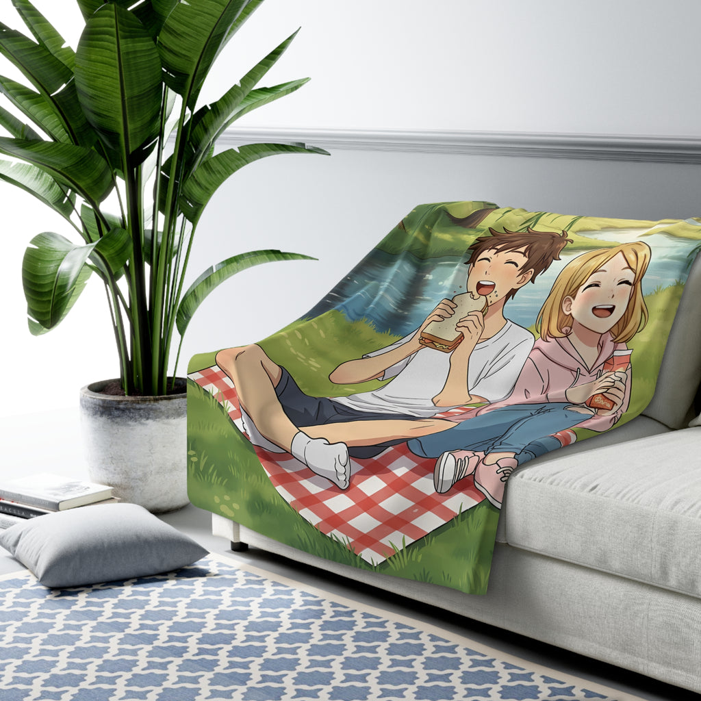 Anime Couple Picnic Sherpa Blanket — Willow Trees River Scene