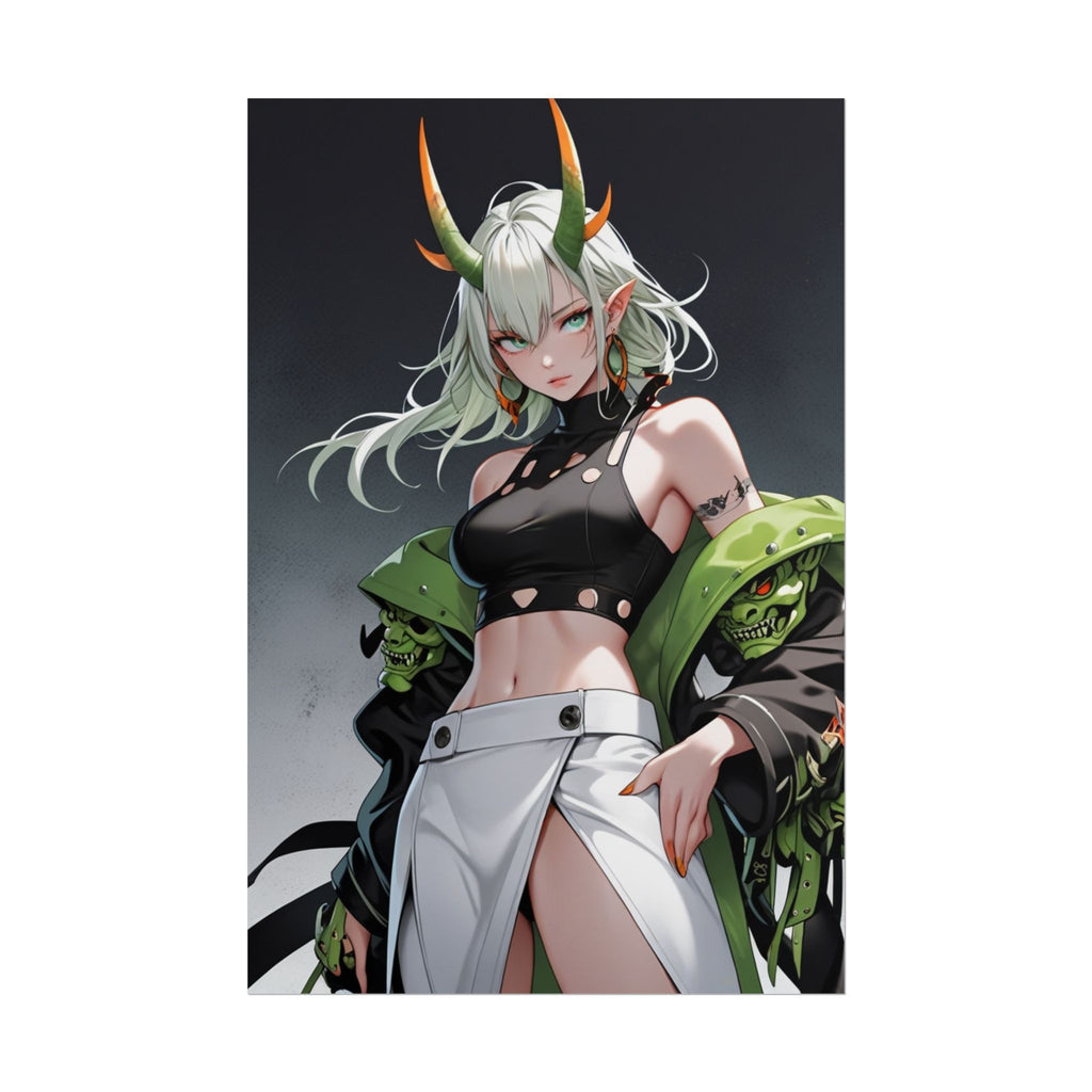 Green Oni Demon Girl Anime Poster – Horror Pin Up Wall Art, Toxic Yokai Streetwear Fantasy Print, Horned Anime Girl Collector Poster | Epic Anime Apparel