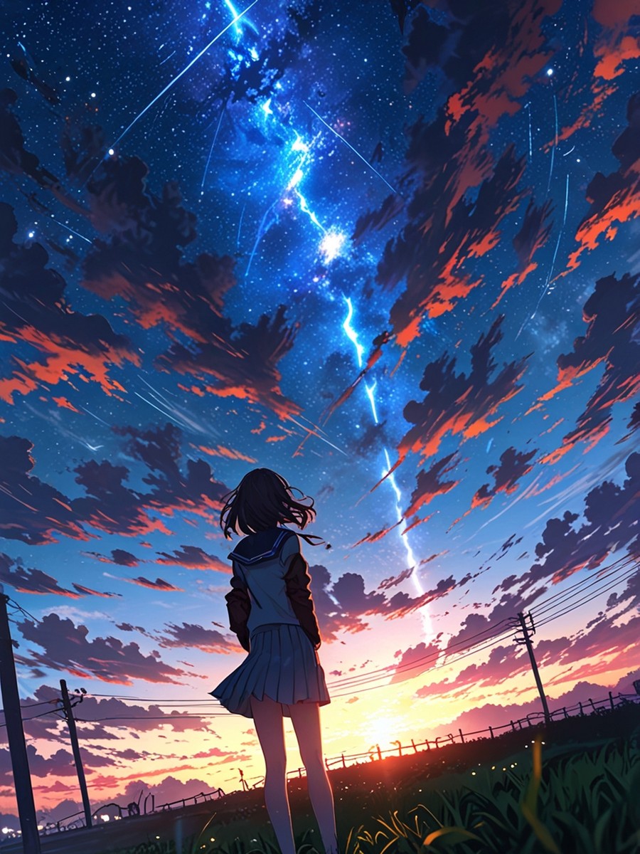 Anime Girl Sunset Fleece Blanket Stargazing Throw Cozy Otaku Gift for Anime Fans and Room Aesthetic