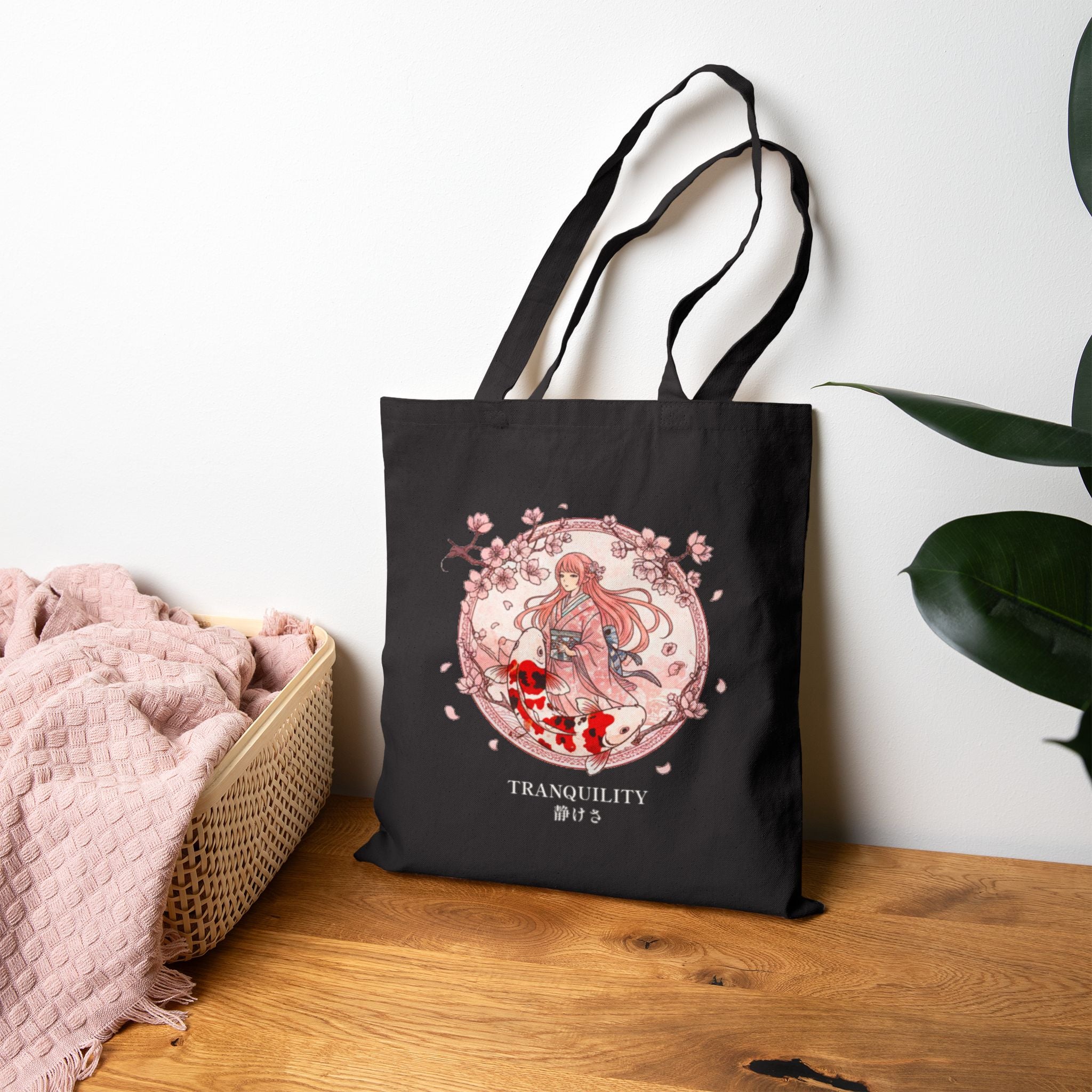 Tranquility Anime Tote Bag Sakura Koi Japanese Aesthetic Calm Anime Shopper Bag